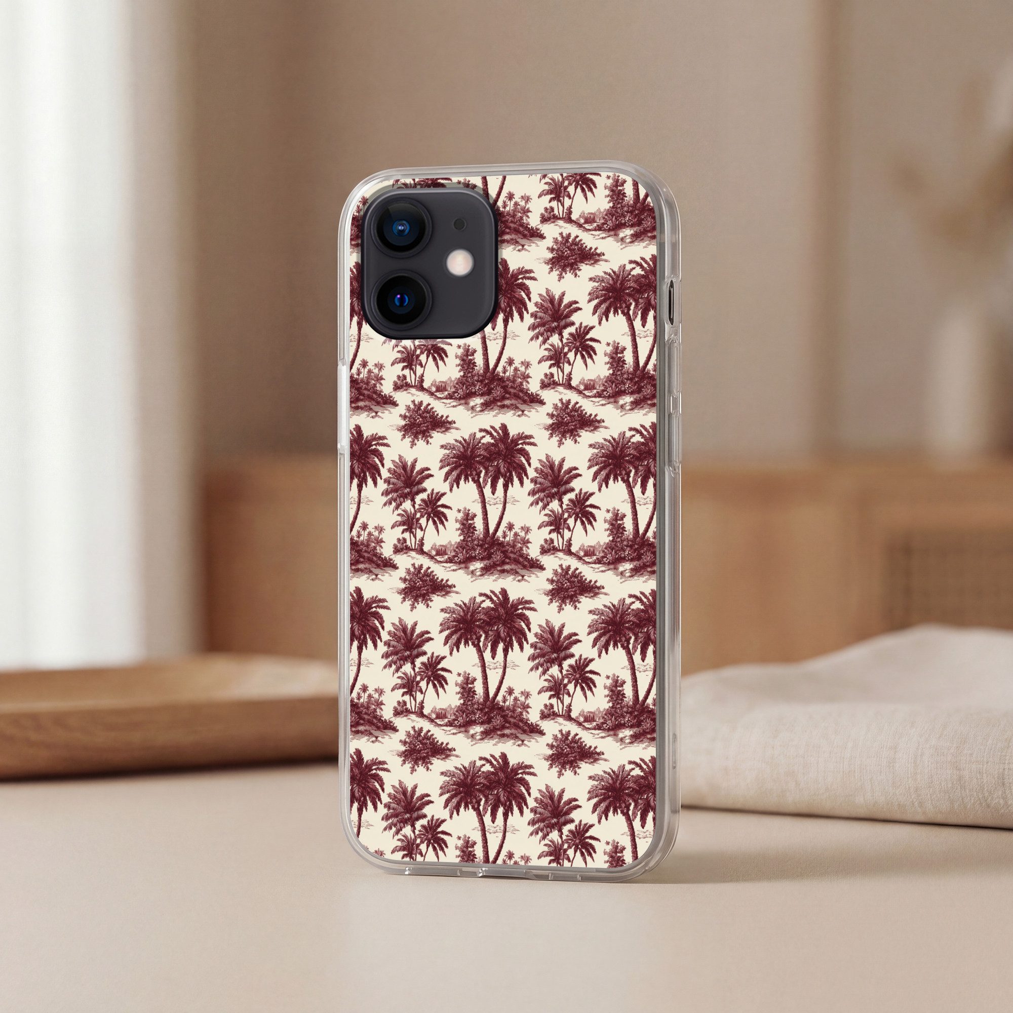 MuchoWow Handyhülle für Apple iPhone 12 Tropisch - Geometrisch - Burgunderrot, Smartphone-Bumper, Print, Handy Schutzhülle Dünn