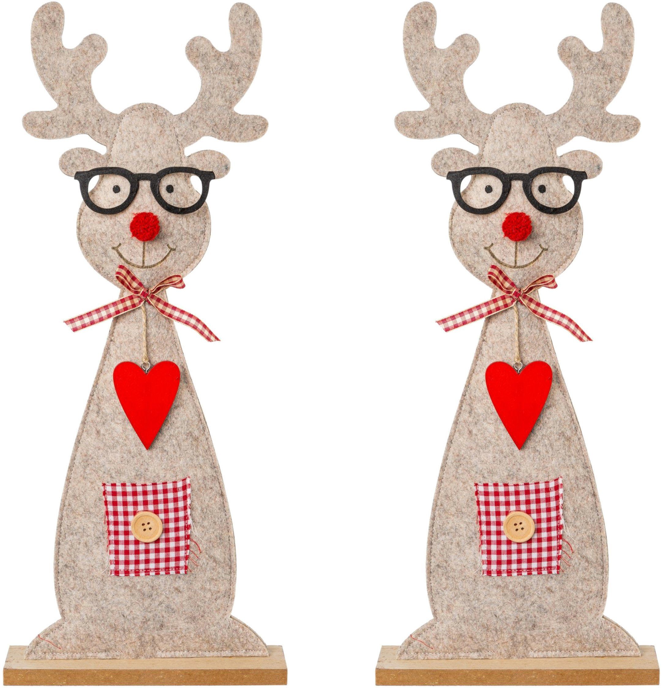 Creativ deco Weihnachtsfigur 2 Hirsch niedlicher (Set, Filz St), Weihnachtsdeko Brille mit aus