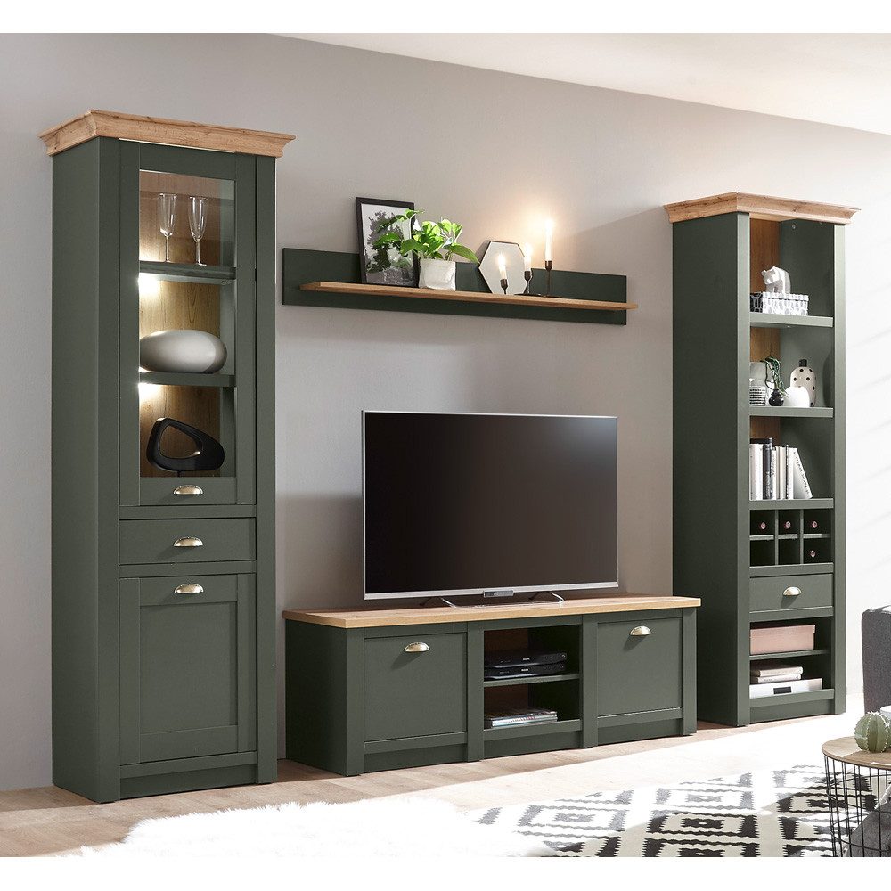 Lomadox Wohnwand CINCINNATI-61, (2-St), im Landhausstil in grün mit Wotan Eiche mir Beleuchtung 308/207/45cm