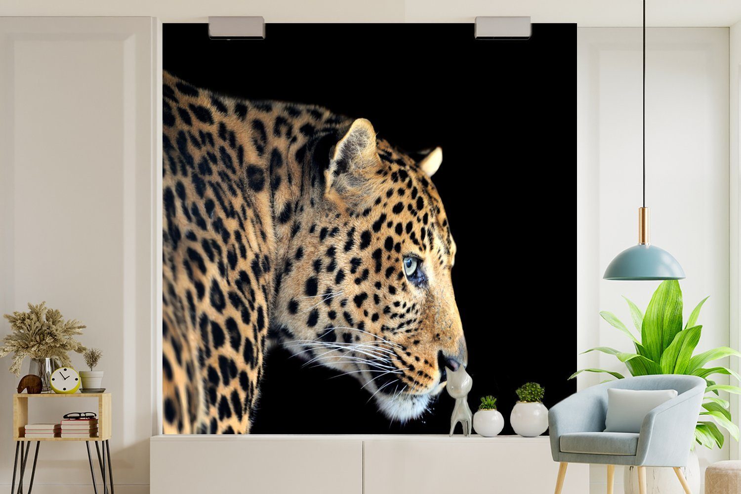 - Tiere Wohnzimmer Schwarz, MuchoWow St), Schlafzimmer, Wandtapete Tapete Fototapete Leopard Matt, (5 - Vinyl bedruckt, für oder