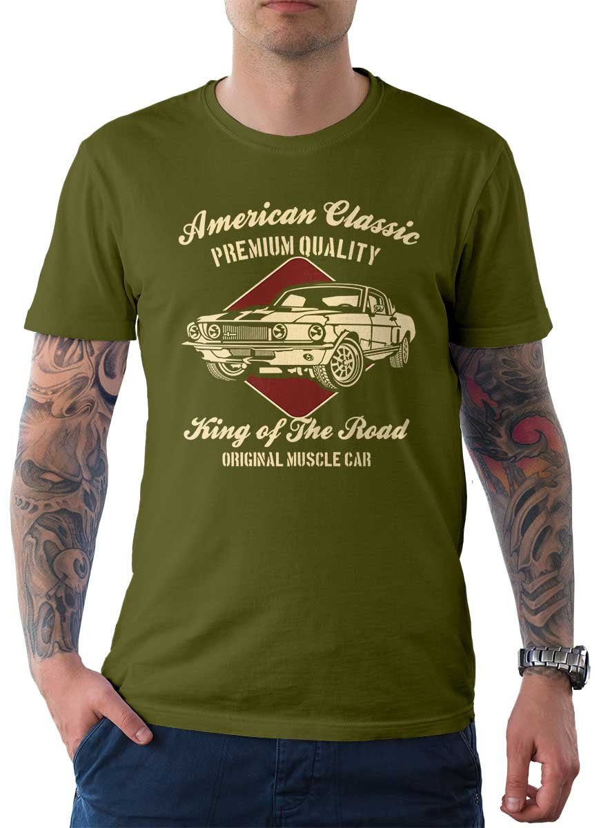 Rebel On Wheels T-Shirt Herren T-Shirt Tee American Classics Car mit Auto / US-Car Motiv Oliv