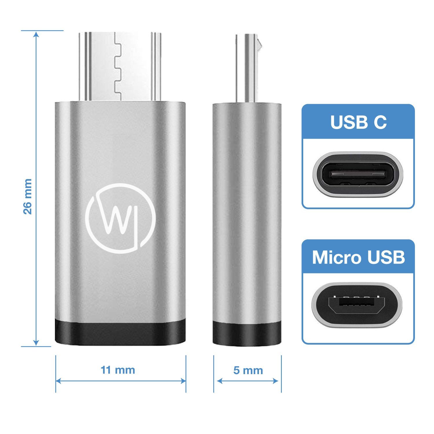 Wicked Chili 2x MicroUSB zu USB C OTG Adapter für Handy & Tablet USB-Adapter MicroUSB zu USB-C, Für OTG-fähige Smartphones / Tablets mit microUSB Anschluss