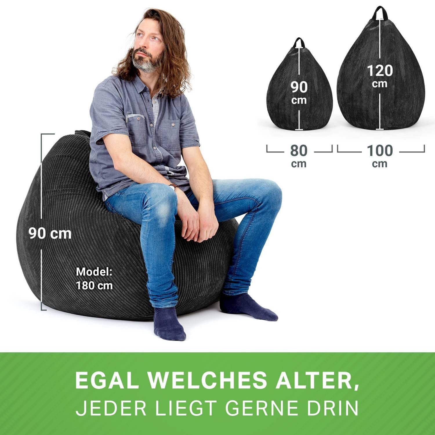 Green Bean Sitzsack Indoor Sitzsack Scoop 90x110cm - Cord (Indoor Sitzsack 90x110cm aus Cordstoff mit EPS-Perlen Füllung, Kuschelig Weich Waschbar - Drinnen Bod – Bild 5 von 5