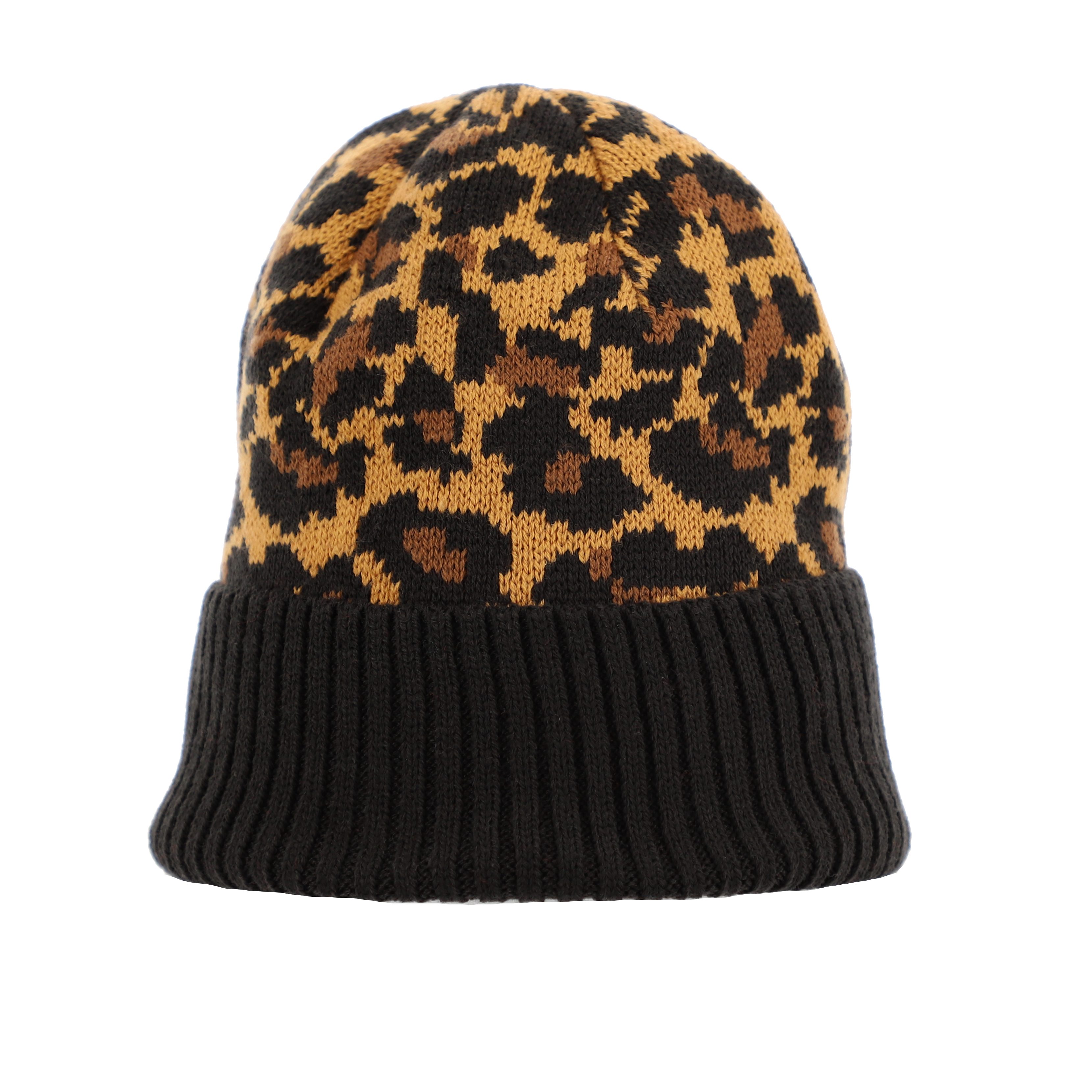 halsüberkopf Accessoires Strickmütze Leo mit unifarbenen Umschlag mit Animalmuster
