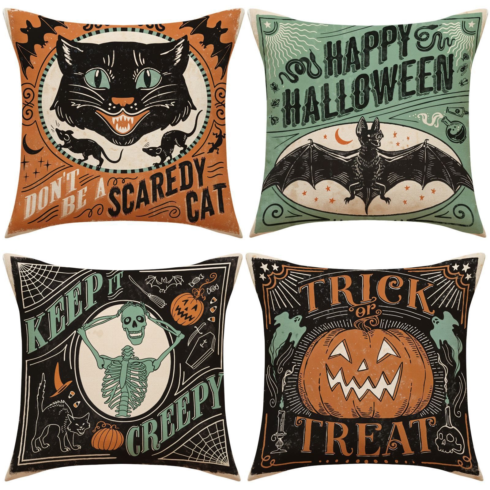 Sorvyzxn Kissenbezüge Halloween Kissenbezüge 4er Set, 18 × 18 Zoll mit Vintage-Motiven, (4 Stück), Mit Katzen, Kürbissen, Totenkopf & Fledermäusen für Sofa & Herbstdeko