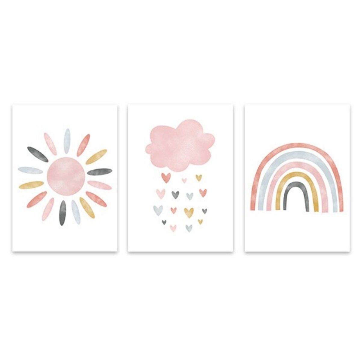 TPFLiving Kunstdruck (OHNE RAHMEN) Poster - Leinwand - Wandbild, Sonne, Wolken, Herzen, Regenbogen für Kinderzimmer - Auch im 3er Set (Mädchenzimmer, Babyzimmer, Jungenzimmer, Kindergarten), Farben: Pastel, pink, rosa, blau, gelb, weiß - Größe: 10x15cm