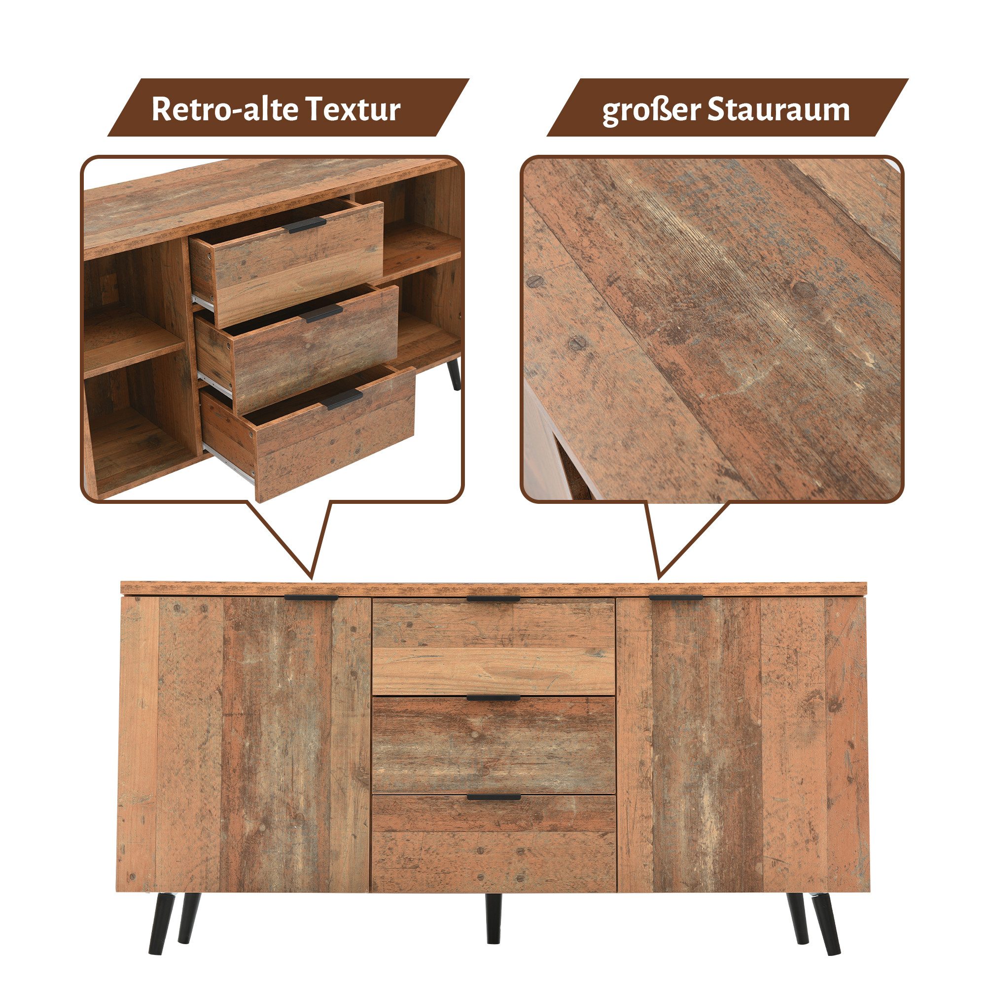 Fanttik Sideboard TV-Schrank mit verstellbaren Regalen, Aufbewahrungsschrank 140cm, vertikaler Schrank, drei Schubladen, Kommode für Wohnzimmer, Esszimmer