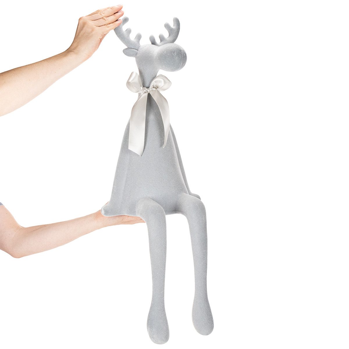 Florists Products Weihnachtsmann Beflockter Elch mit Schleife als Kantenhocker, Dekofigur 80 cm