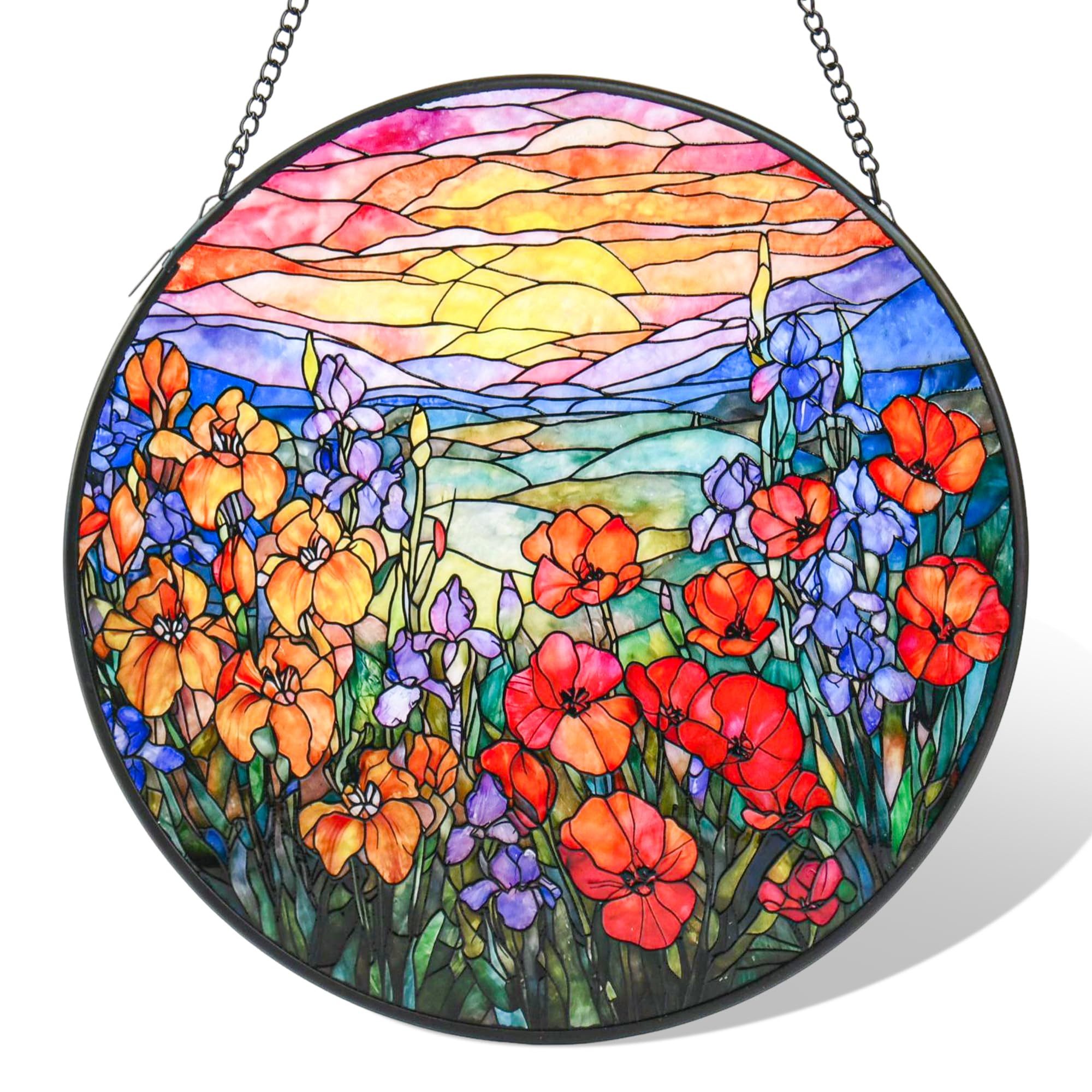 BlingBin Fensterdekoration Buntglas-Fensterhänger, Blumen Sonnenfänger Fensterdeko, Glasanhänger, 20cm Runde,Wohndekoration, für Fenster, Terrasse, Wand, Haus & Garten