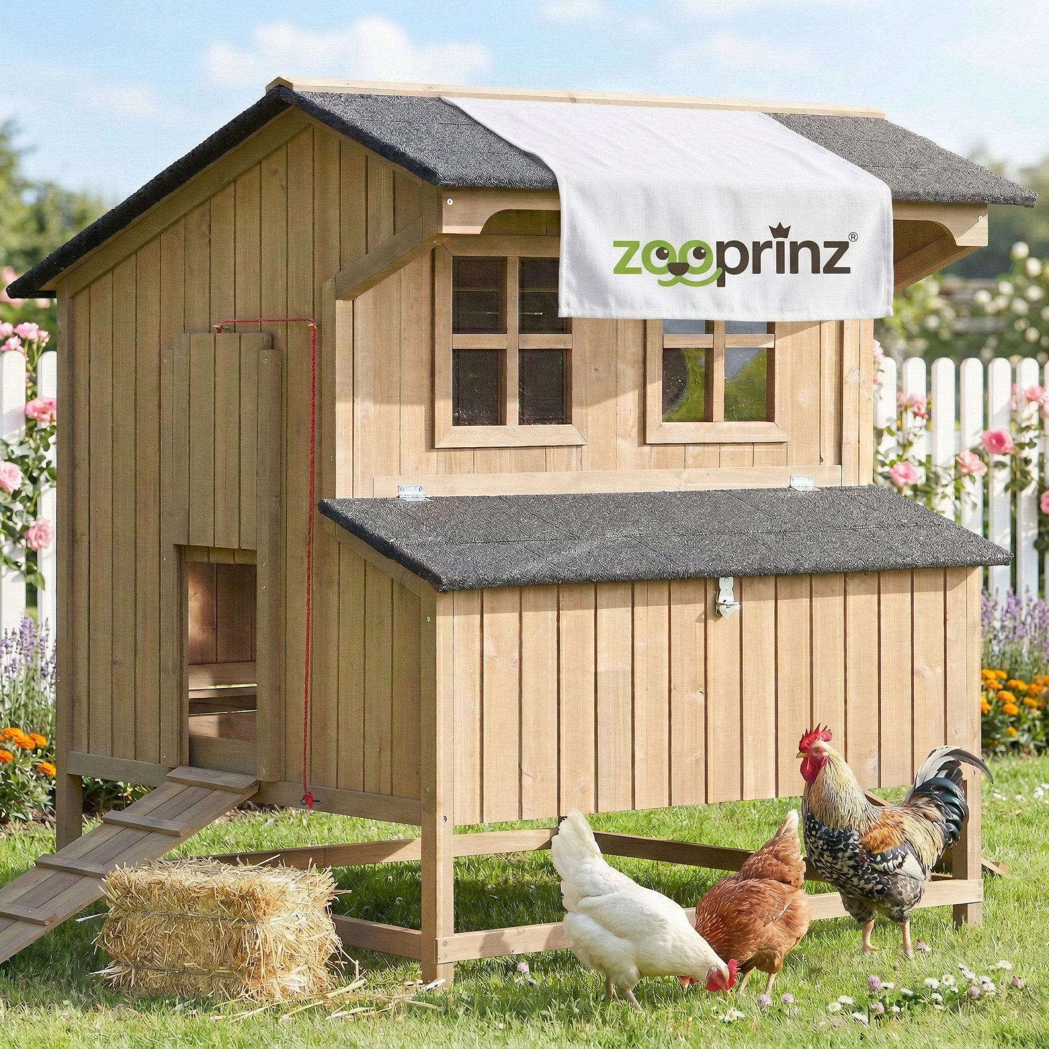 Zooprinz Hühnerstall Berghof mit breitem Nistkasten Klappdach, 110x130x110 cm (BxHxT), Falltür, Massivholz