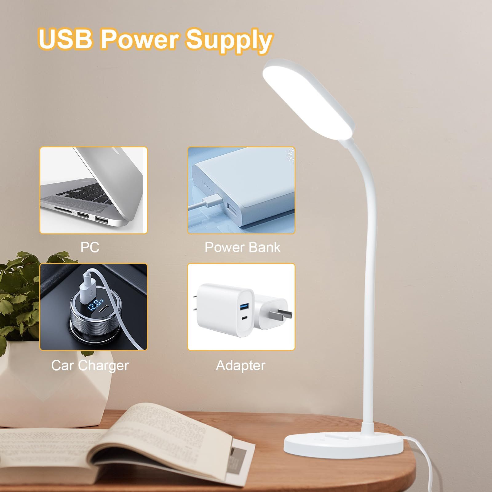 LQWELL Schreibtischlampe Tischleuchte mit Telefonhalter, LED fest integriert, 360° Flexibel Touch-Steuerung, Studienlampe für Heimbüro, 5000k, 160 Lumen, LED Sc – Bild 4 von 5