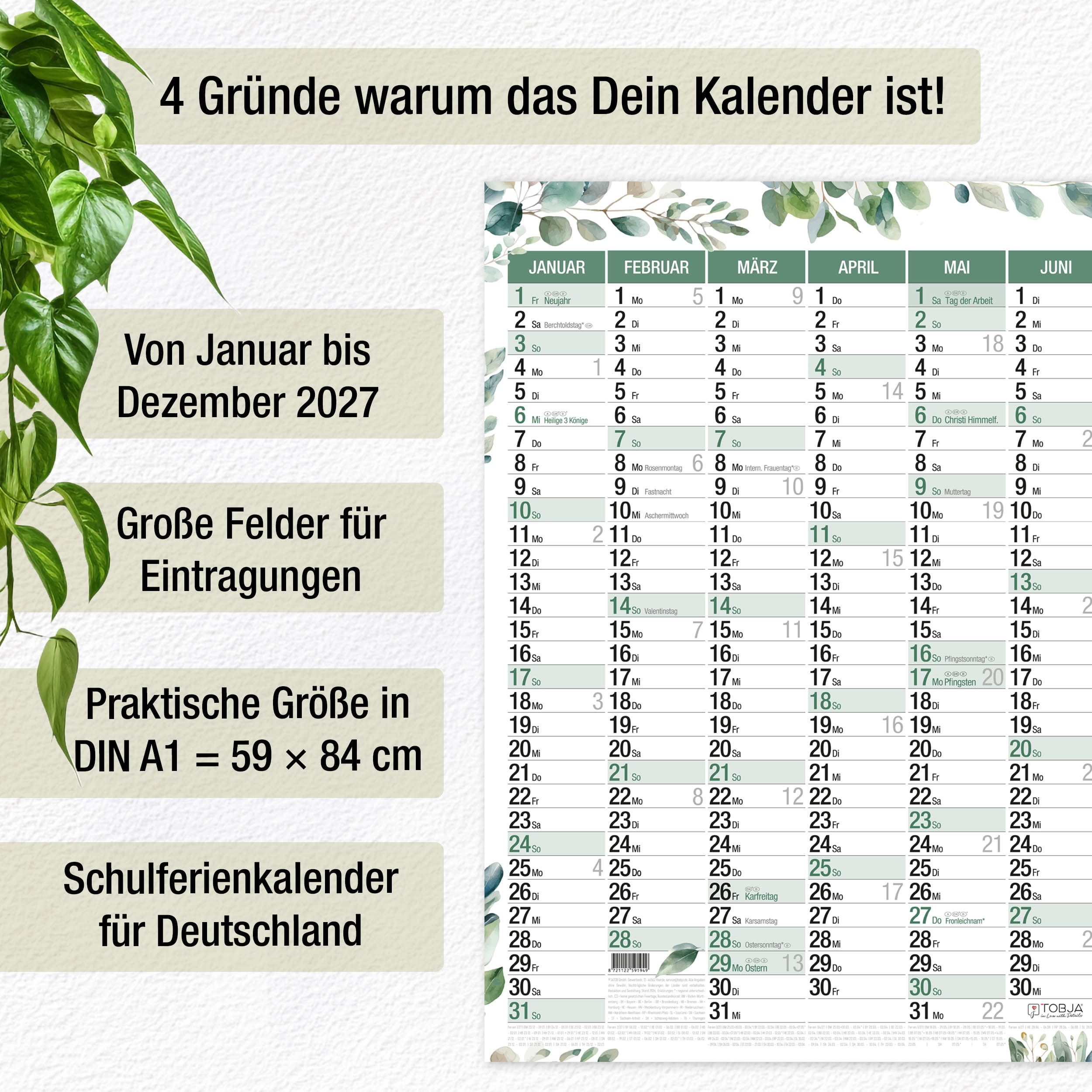 TOBJA Wandkalender Wandkalender 2027 A1 Eukalyptus Design – Großer Wandplaner, Botanical Design, Ferienkalender DE, große Felder – Bild 3 von 5