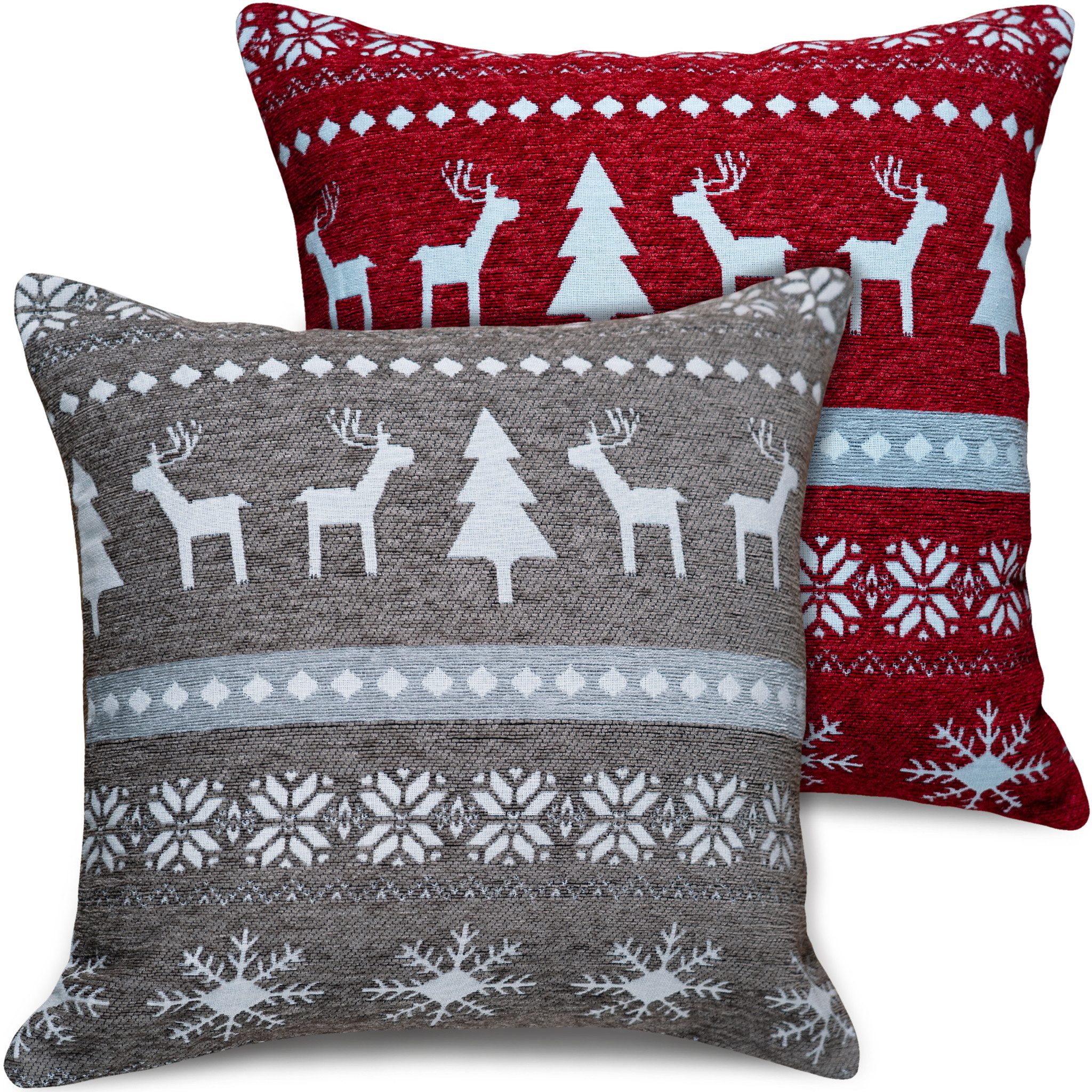 matches21 HOME & HOBBY Kissenbezüge 2er Misch-Set Kissenhüllen 45x45 cm Elche & Muster beige rot als Deko, (2 Stück), Zierkissen-Bezüge für Sofa-Kissen, Couch-Kissen