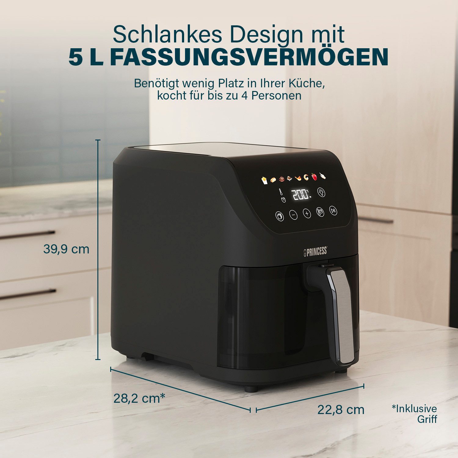 PRINCESS Heißluftfritteuse 182240 Slim Airfryer 5L -Platzsparendes Design - Ölfrei - 8 Programme, 1500 W