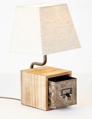 Lightbox Tischleuchte, ohne Leuchtmittel, Tischlampe, Schublade, 34x17x17cm, E27, max. 25W, Metall/Holz/Textil