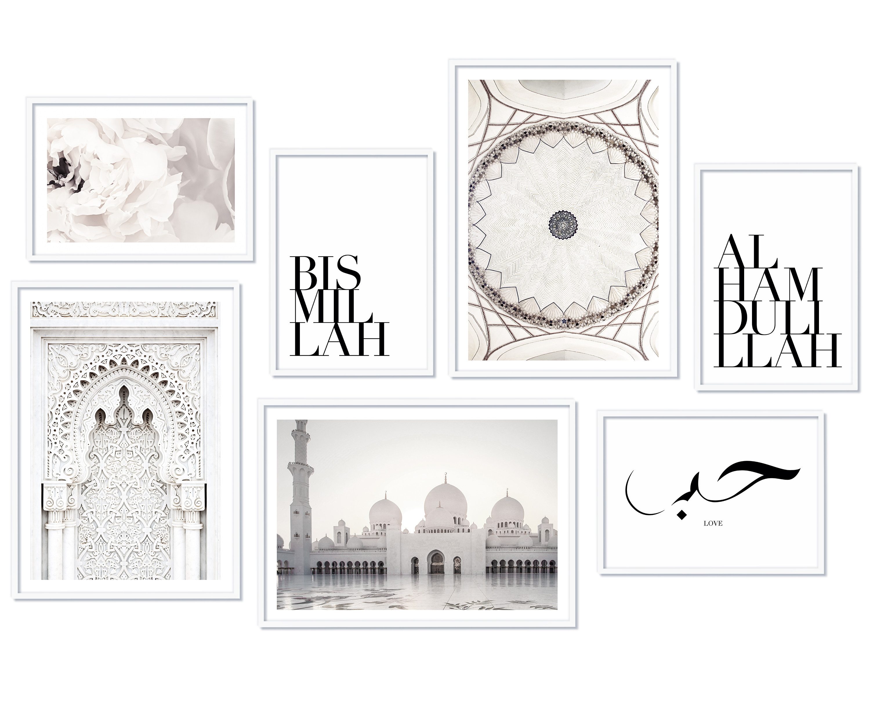 Hyggelig Home Poster Moschee, Premium Poster Set OHNE & MIT Rahmen - 7 Wandbilder Bismillah, Arabic (Set, 7 St), Collage Alhamdulillah Qualitätsdruck dickes Papier