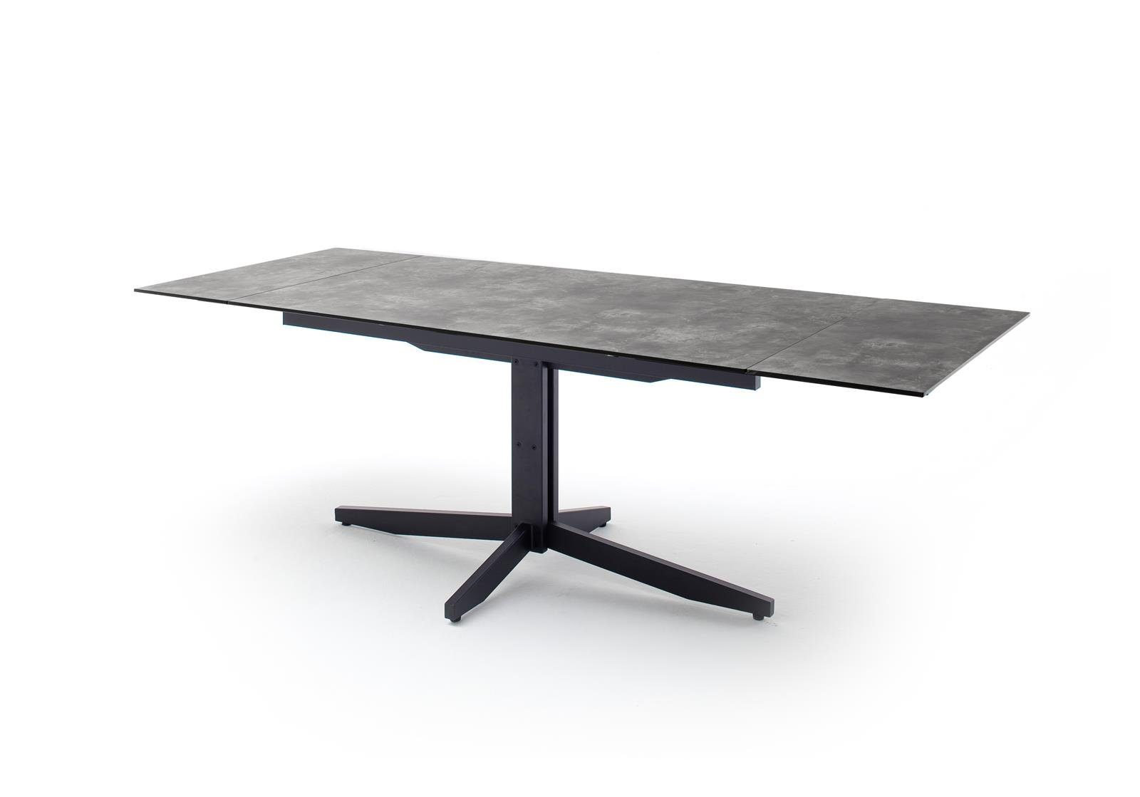 240 Esstisch möbelando schwarz cm, HPL, Stirnauszug, mit ausziehbar Sicherheitsglas mit Grau Tischplatte vormontierten bis RIMINI, mit Gestell Tischplatte aus Esstisch Steinoptik in matt