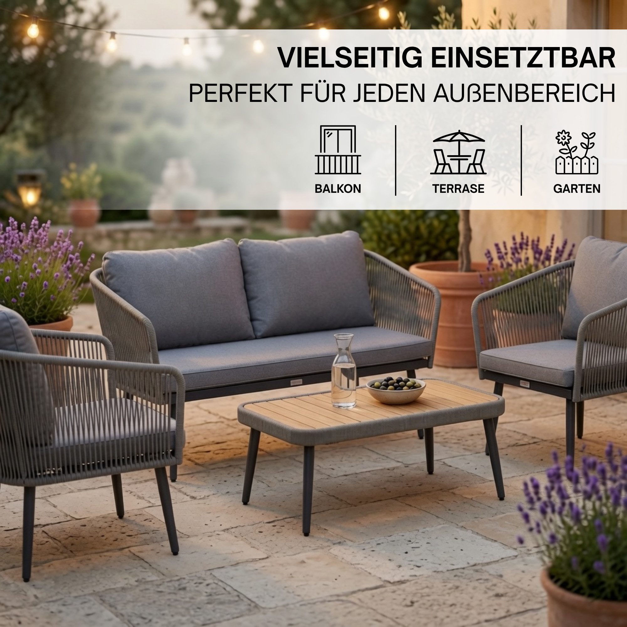 ESTEXO Sitzgruppe Gartenmöbel Set Rope Essgruppe Outdoor Gartenbank Gartentisch Grau – Bild 5 von 5