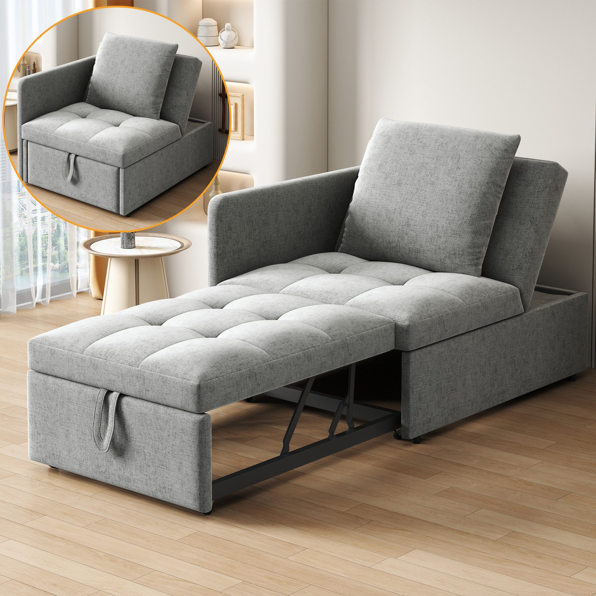 KLAM HOME Schlafsofa Polsterbett Schlafsofa 3 in 1 Multifunktions-Schlafsofa, Leinenstoffsofa mit verstellbarer Rückenlehne, für kleine Räume