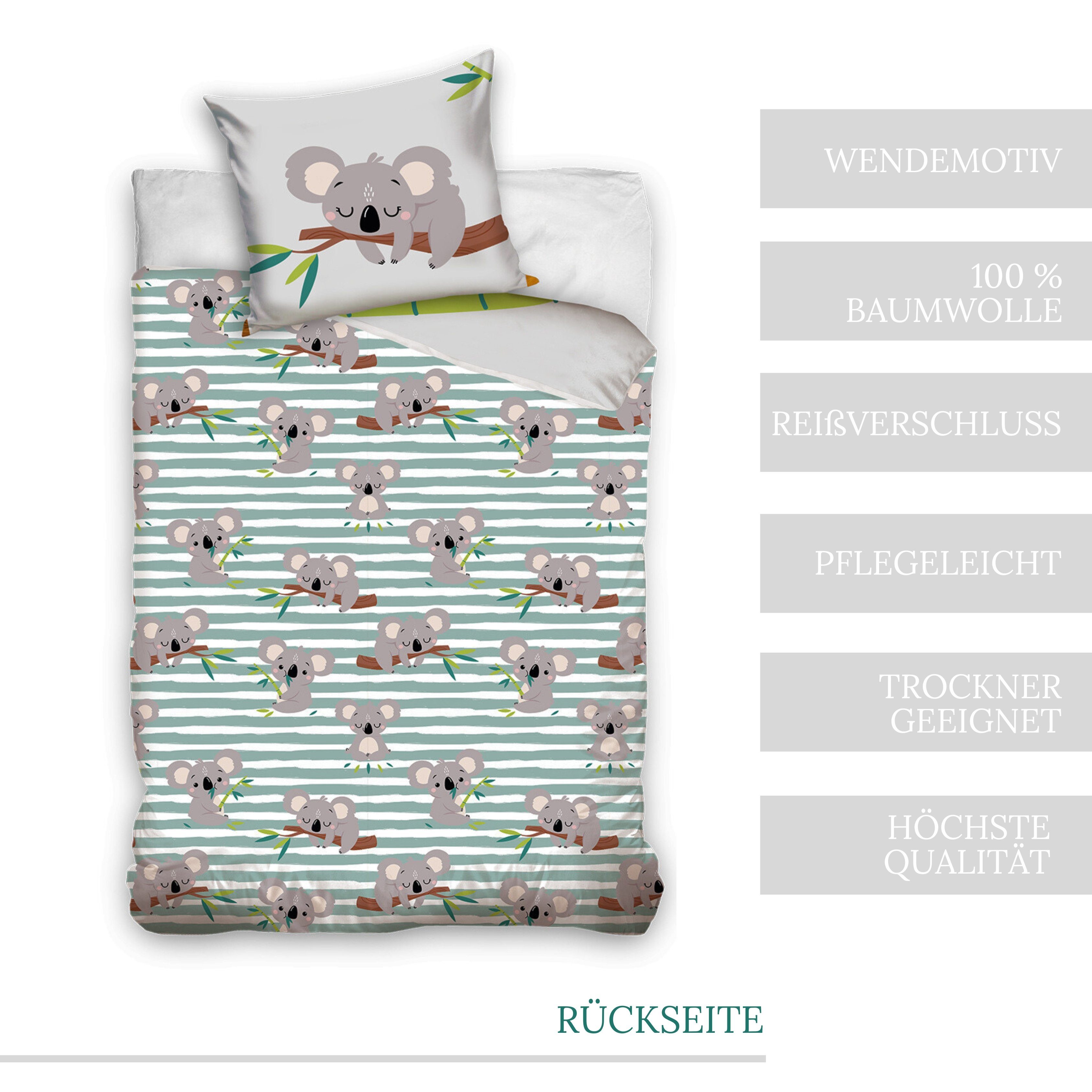 MTOnlinehandel Bettwäsche Koala 135x200 + 80x80 cm, 100 % Baumwolle, Renforcé, 2 teilig, chillige Bettwäsche für Kinder, Jugend & Erwachsene – Bild 3 von 5