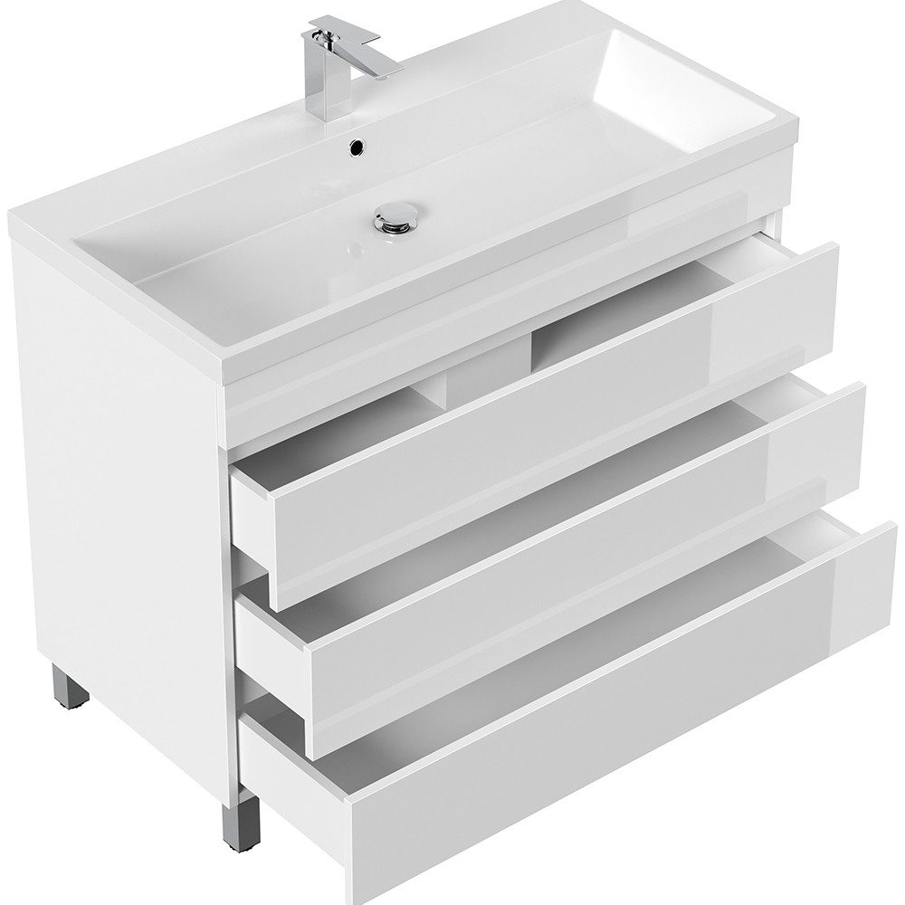 Lomadox Waschtisch FROME-02, 100 cm, weiß Hochglanz, stehend, mit 3 Schubladen