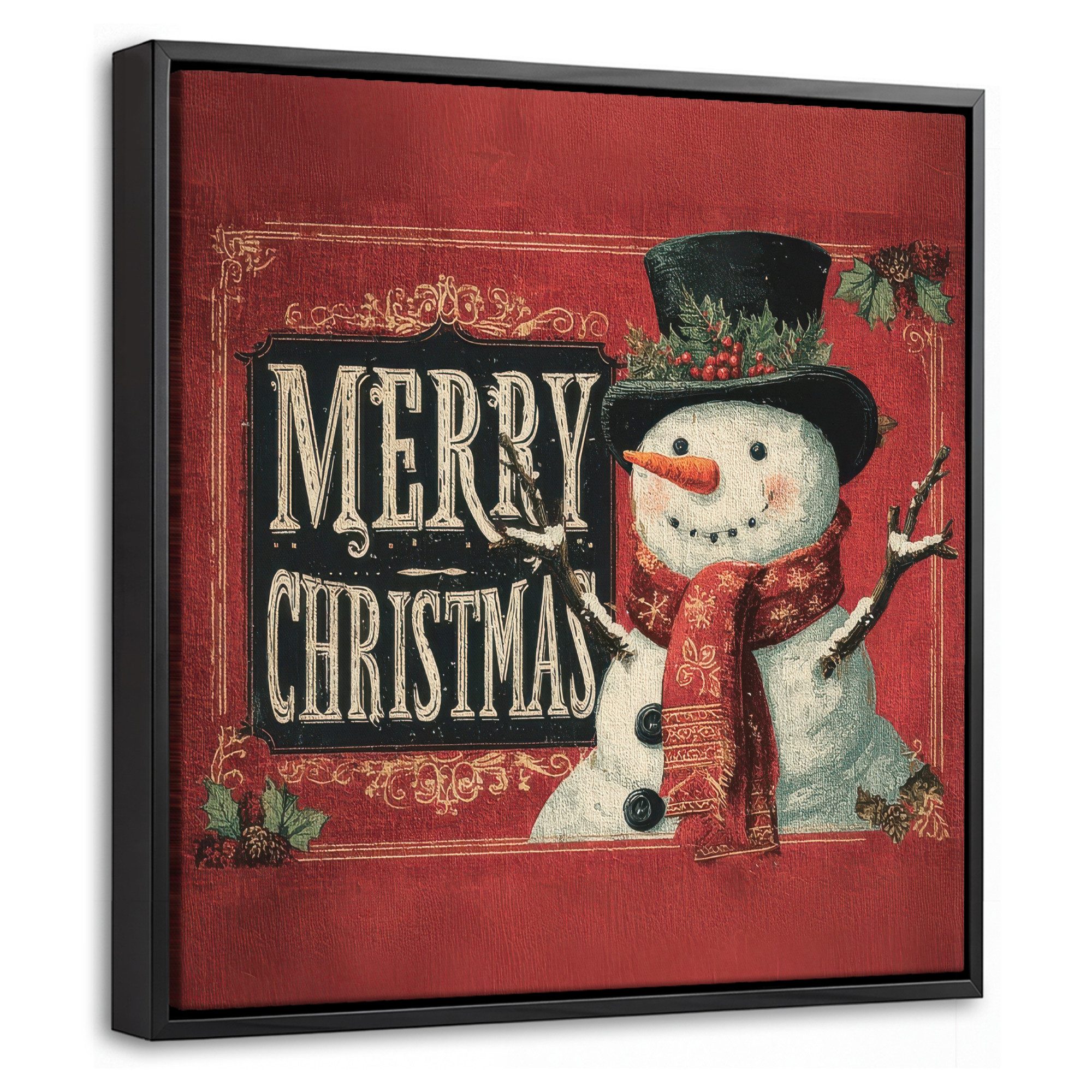 OneMillionCanvasses® Leinwandbild mit Rahmen - Klassisch - Weihnachtsgruß - Schneemann - Rot, Fotodruck (1 St), Leinwand Bilder Klein, Wand Dekoration Aesthetic 20x20cm