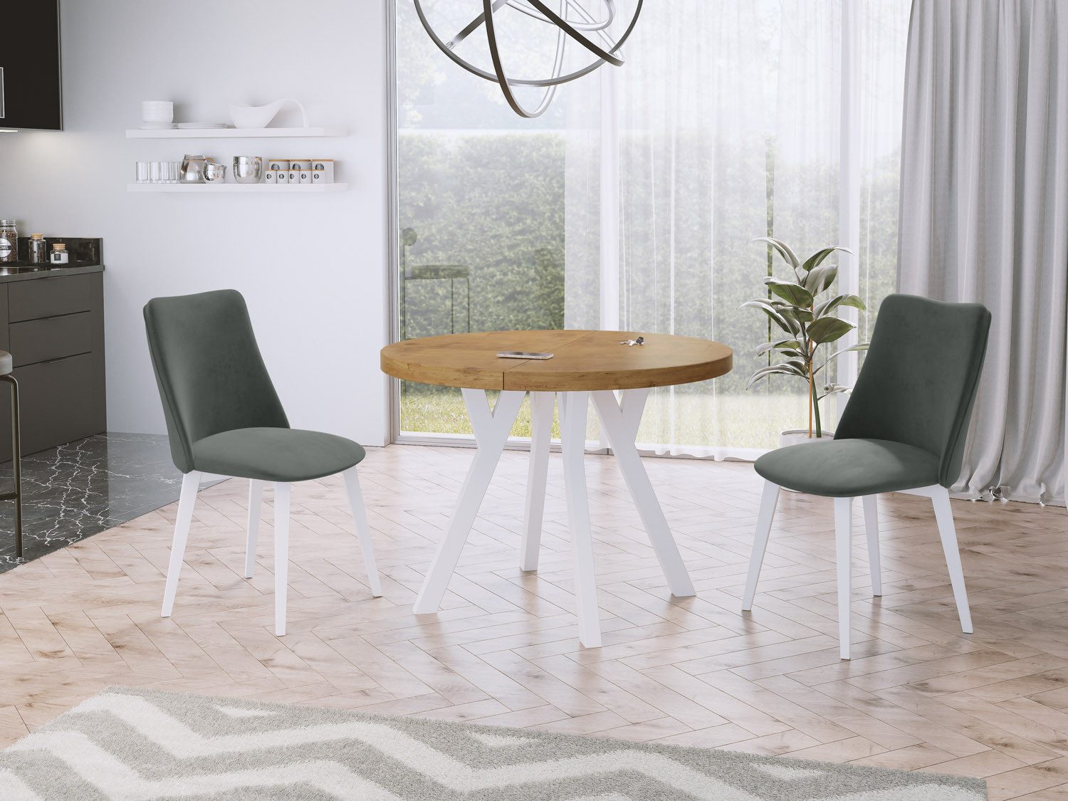 WFL GROUP Esstisch Twixy ausziehbar rund modern mit weißen Holzbeinen (MADE IN EU, erhältlich in 3 Größen – 90/100/100 cm, ausziehbar auf 170/150/200 cm), platzsparender Tisch für kleine Küche, Esszimmer oder Wohnzimmer