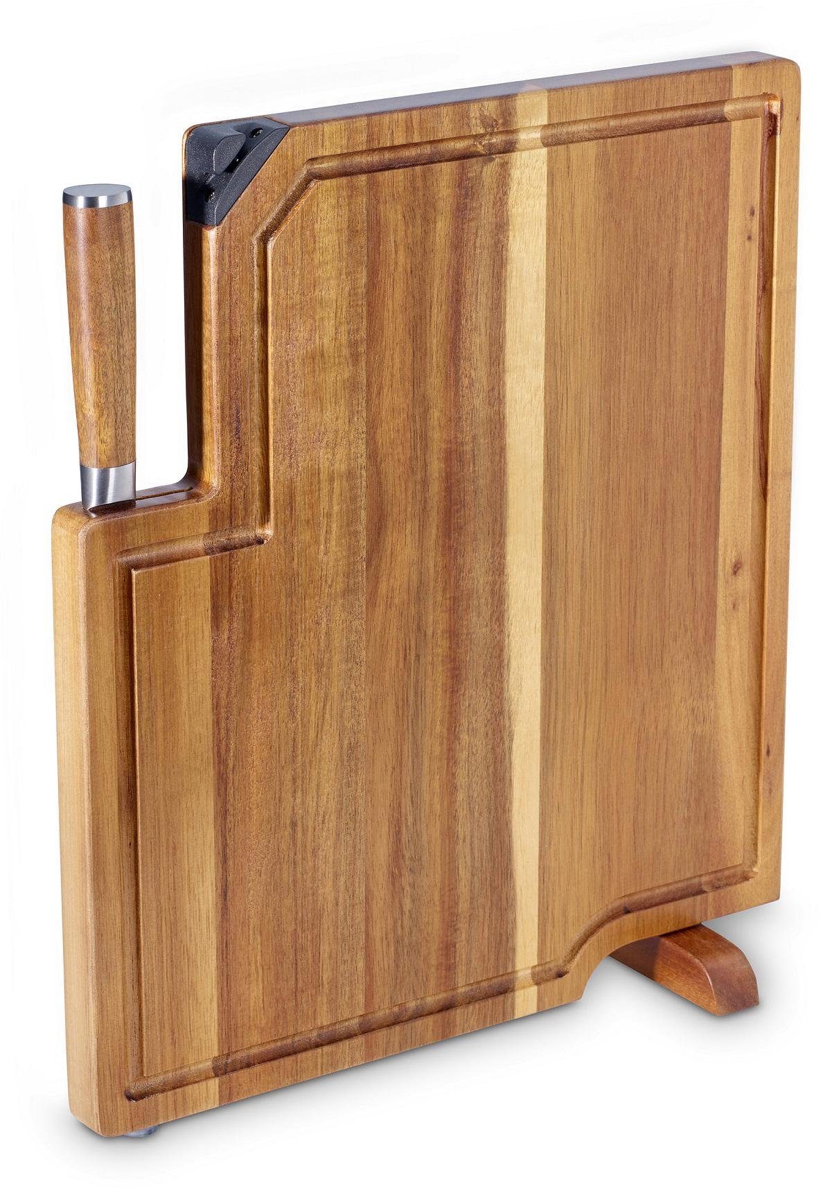 ECHTWERK Schneidebrett 3in1, Massivholz, (1-St), Tranchierbrett mit integriertem Messerschärfer und Kochmesser 20 cm