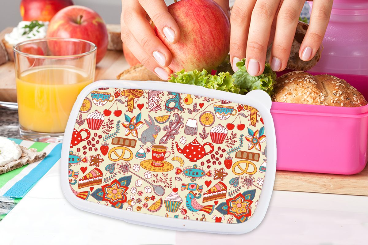 MuchoWow Lunchbox Tee - Tiere Muster, - für Erwachsene, Kunststoff, Brotdose Snackbox, Mädchen, Kunststoff Brotbox Kinder, (2-tlg), rosa - Regenbogen Süßigkeiten 