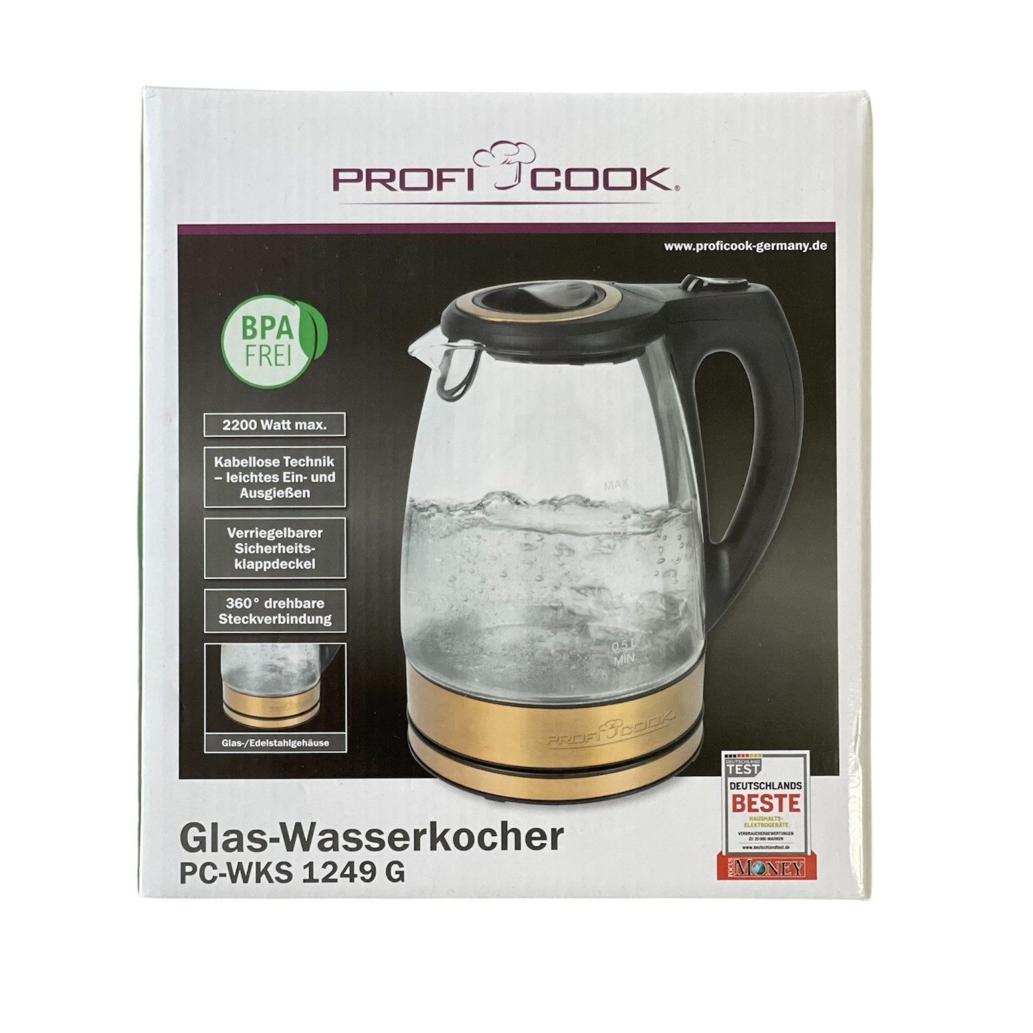 Wasserkocher Glas Wasserkocher 1.7 Liter 360° Teekocher Edelstahl BPA-Frei GOLD
