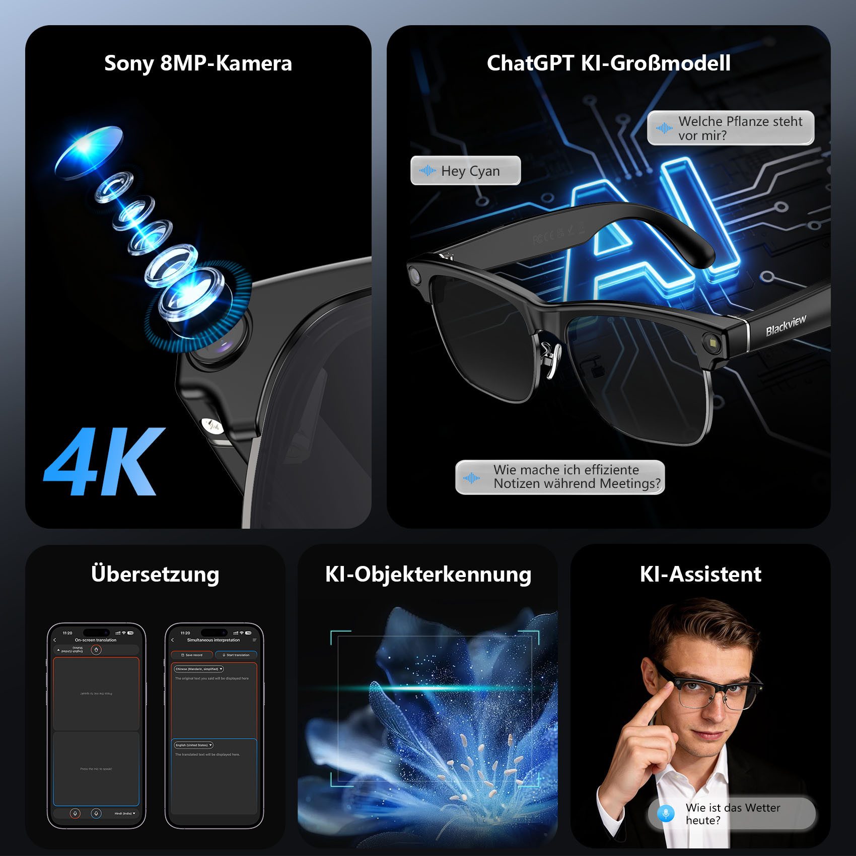 blackview Sonnenbrille 2026 Neue BV200 AI Shooting Glasses,Premium KI-Kamera-Brille (Set, ChatGPT, Bluetooth 6.0 und Open-Ear HiFi Sound) Mit Sony IMX219 Sensor,Fotografieren, filmen, kommunizieren,übersetzen
