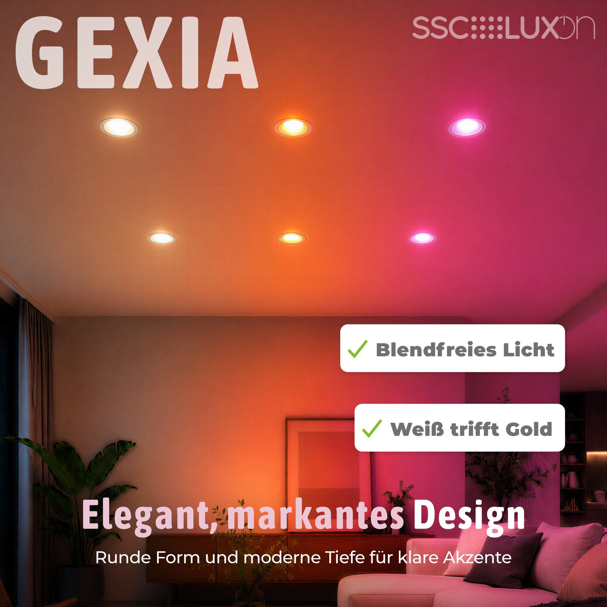 SSC-LUXon LED Einbaustrahler GEXIA Smarte Einbaustrahler weiß gold Ø11cm inkl. GX53 LED 6W RGBW, Smart