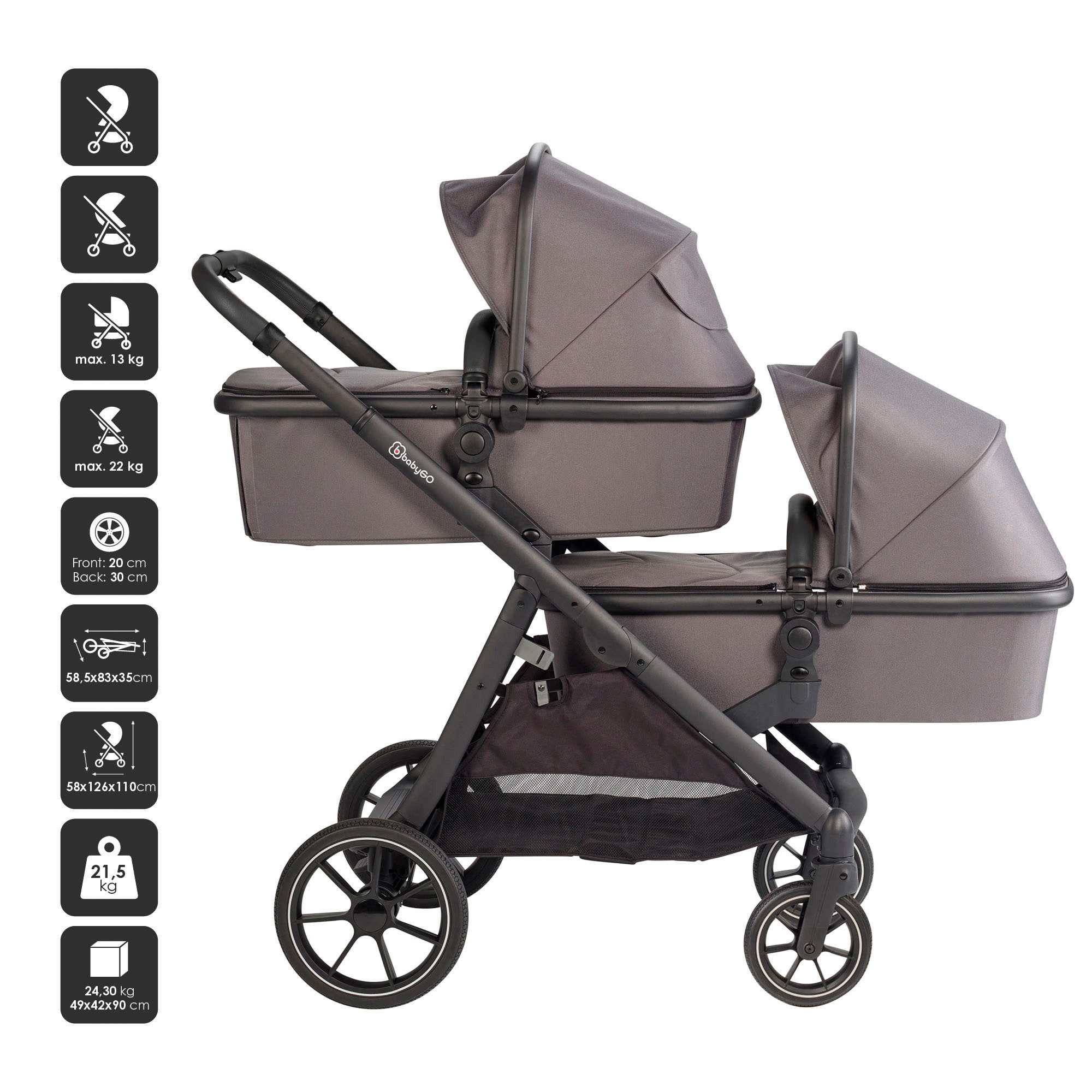 BabyGo Zwillings-Kombikinderwagen Duo, grau, (Set), inkl. Wickeltasche u. 2 Regenhauben