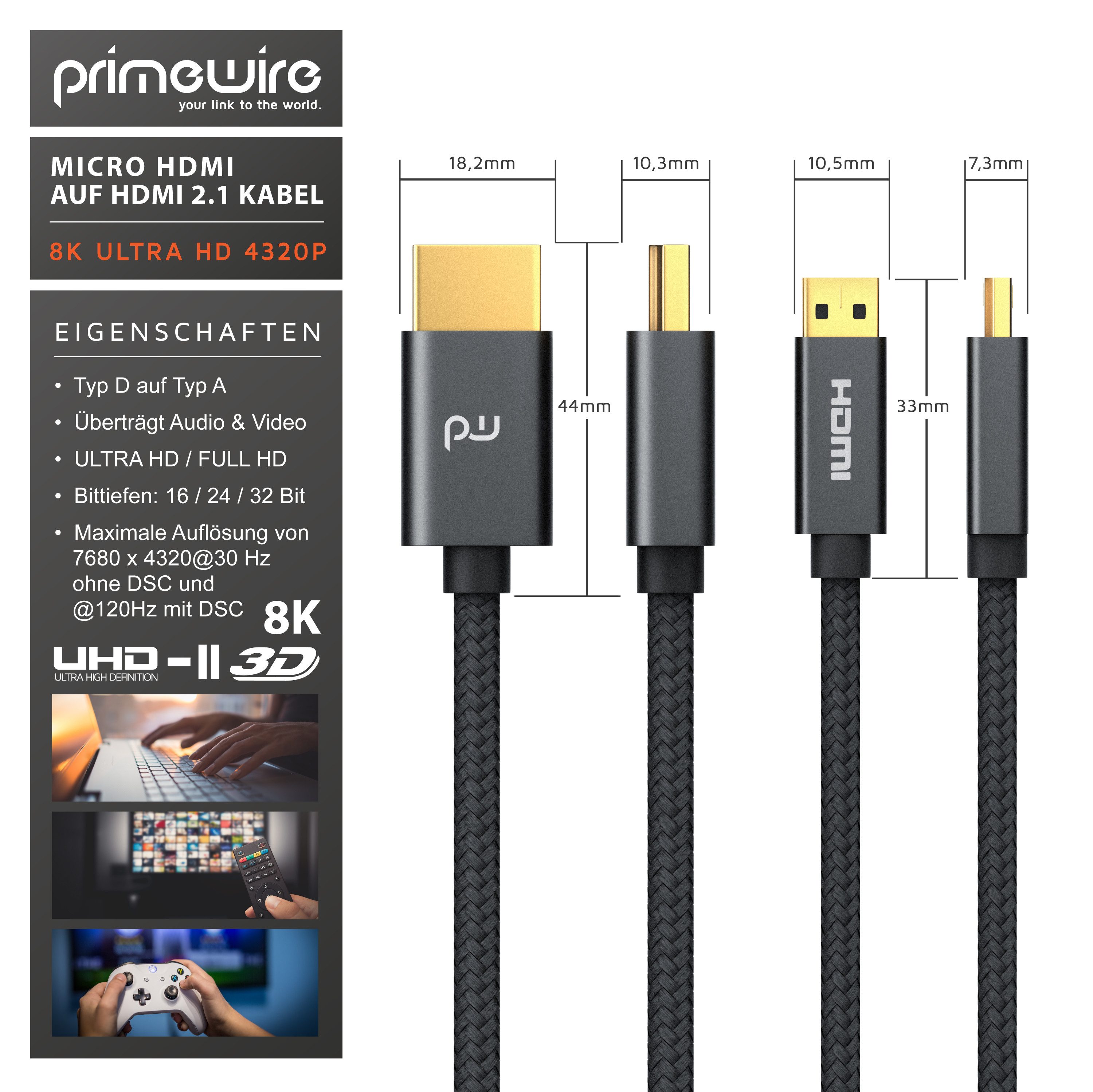 Primewire 8K HDMI auf microHDMI Adapterkabel 7680 x 4320 @ 120Hz mit DSC - 1,5m HDMI-Kabel, 2.1, HDMI Typ D (Micro), HDMI Typ A (150 cm), 3D, UHD II, HDR, ARC, für Raspberry Pi 4, Tablets, Kameras, Notebooks
