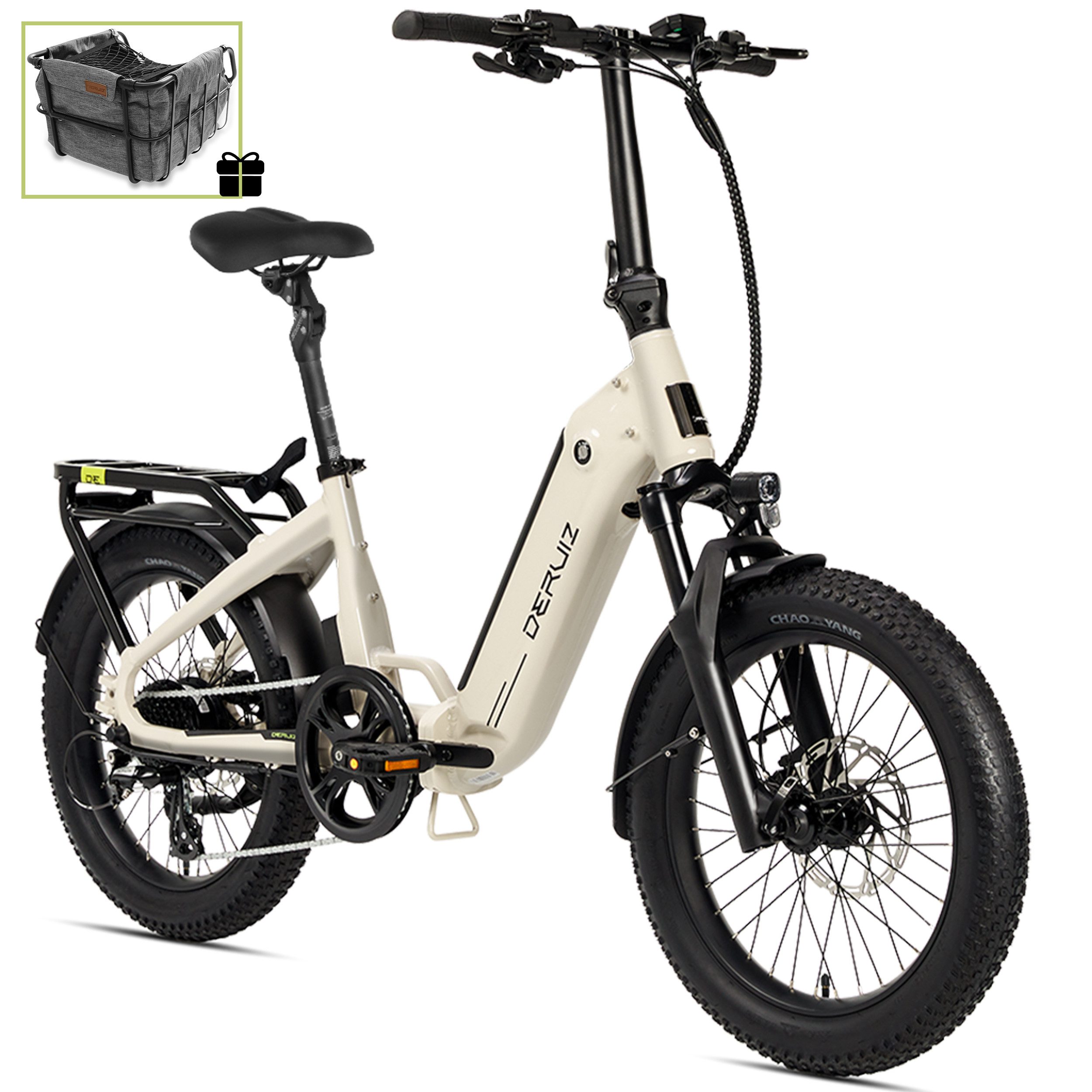 DERUIZ E-Bike Klapprad 20x3,0 Zoll, max. 140km, Federsattelstütze, mit Bluetooth, 5 Stufen, 8 Gang SHIMANO SHIMANO ALTUS 11-32T Schaltwerk, Kettenschaltung, Heckmotor, 500 Wh, (mit Akku-Ladegerät, mit Werkzeug), RH:36cm, Bremslicht, Gepäckträger (max.50kg), hydraulische Bremsen