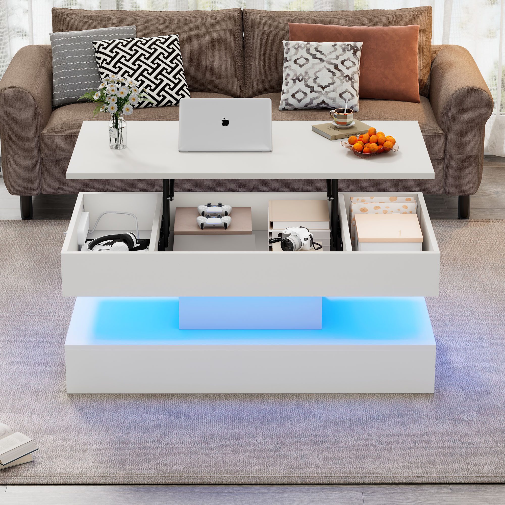 Merax Couchtisch mit LED-Beleuchtung und verstecktem Stauraum (1-St., mit anhebbarer Tischplatte), Höhenverstellbarer Beistelltisch mit hydraulischem Hub, 100x50x42cm