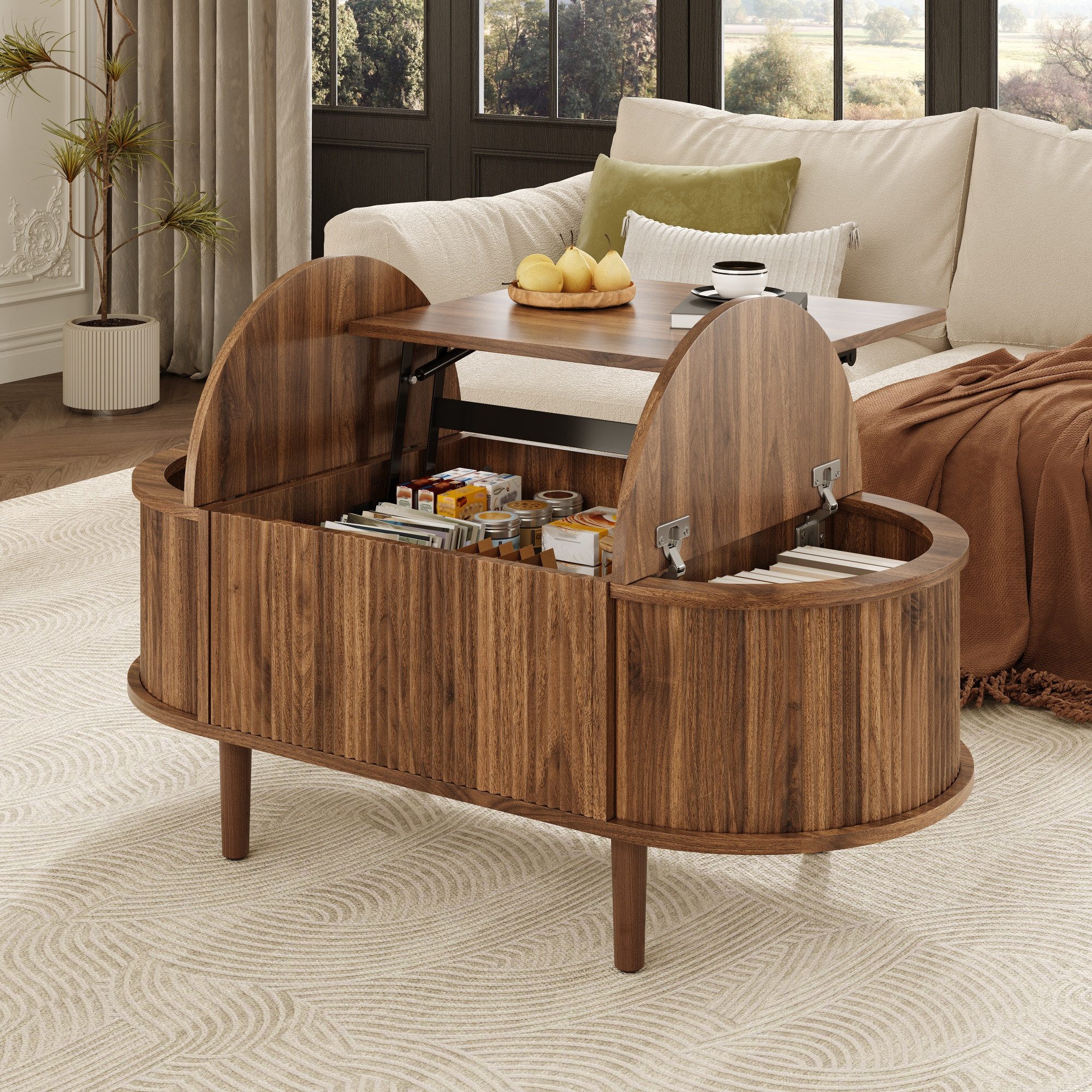 Merax Couchtisch verstellbarer Beistelltisch Ovaler Wohnzimmertisch im Vintage-Stil (100 × 48 × 53,5 cm, 1-St), Sofatisch mit höhenverstellbarer Tischplatte & v – Bild 2 von 5
