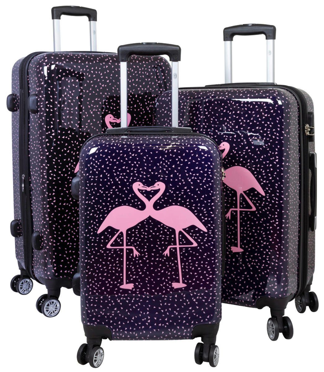 Warenhandel König Trolleyset Kissing Flamingos, 4 Rollen, (Gr. M, L und XL, 3 tlg., Hartschalen Trolley Set), mit Motiv, Dehnfalte zur Vergrößerung des Packvolumens