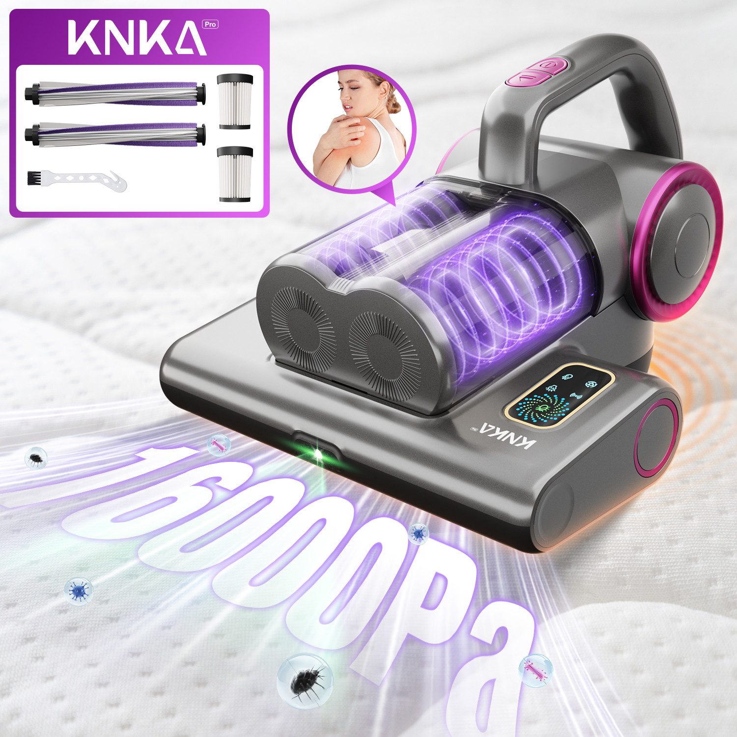 KNKA PRO Matratzenreinigungsgerät Milbensauger entfernt 99,9% Bakterien,Allergene,Staub-Milben, 500 W, Matratzenreiniger mit UV-C Licht für Allergiker