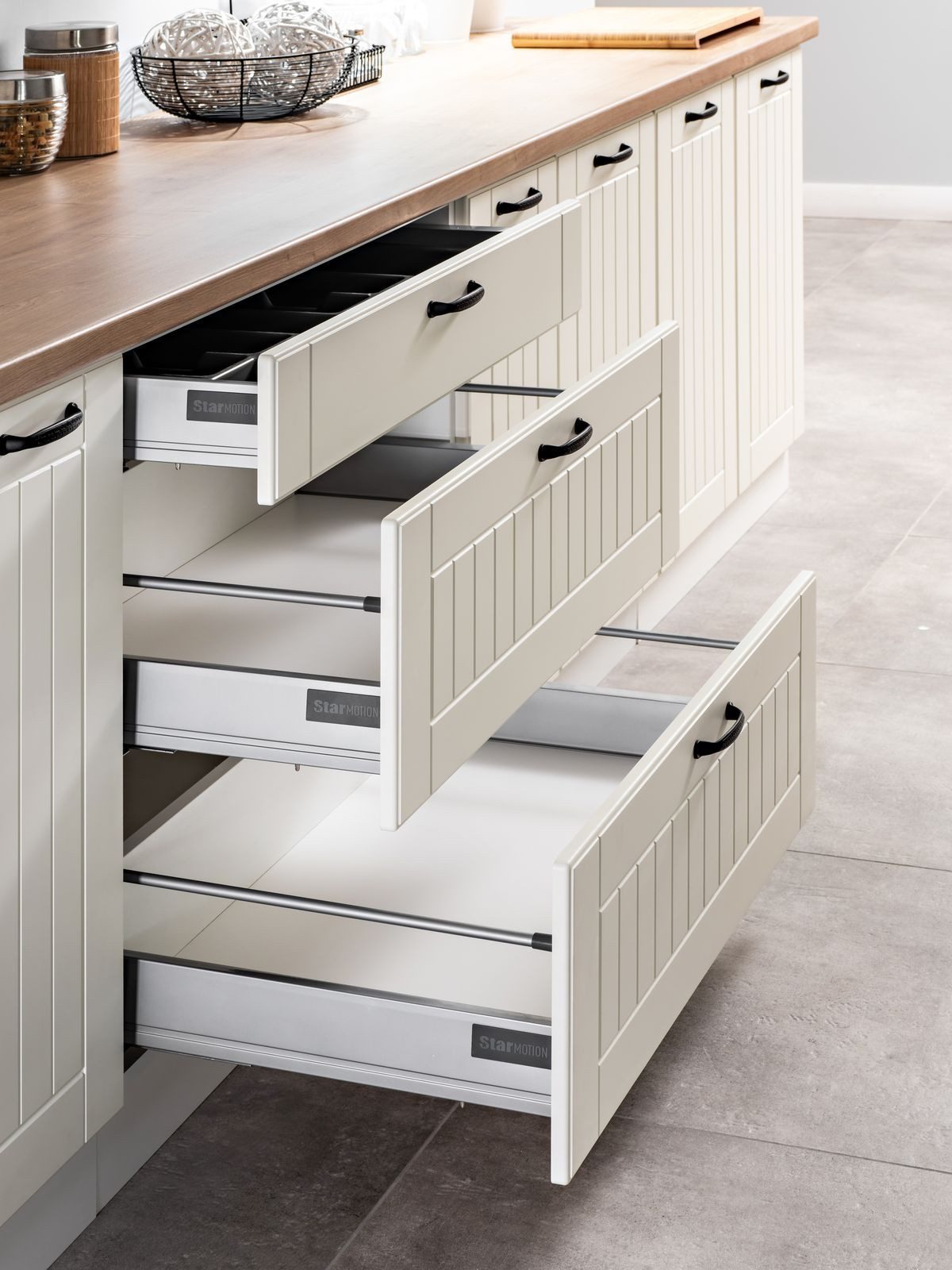 Möbel für Dich Küchenzeile Landhaus Einbauküche LORA 260 cm im Landhausstil 10-teilig, Fronten in weiß, Beige oder Grau