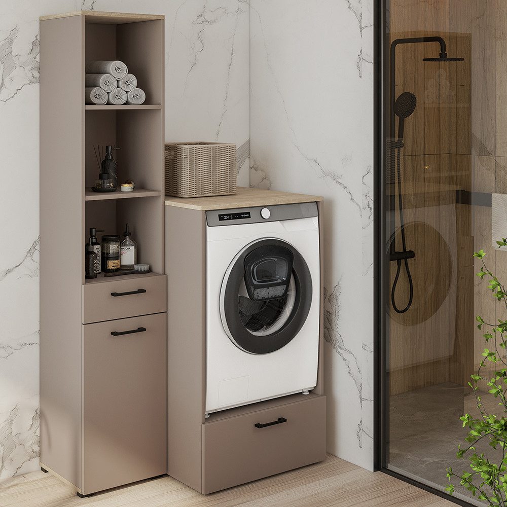 Lomadox Waschmaschinenumbauschrank RISAN-83 beige greige mit Eiche Dekor Metallgriffe schwarz Waschraum modern