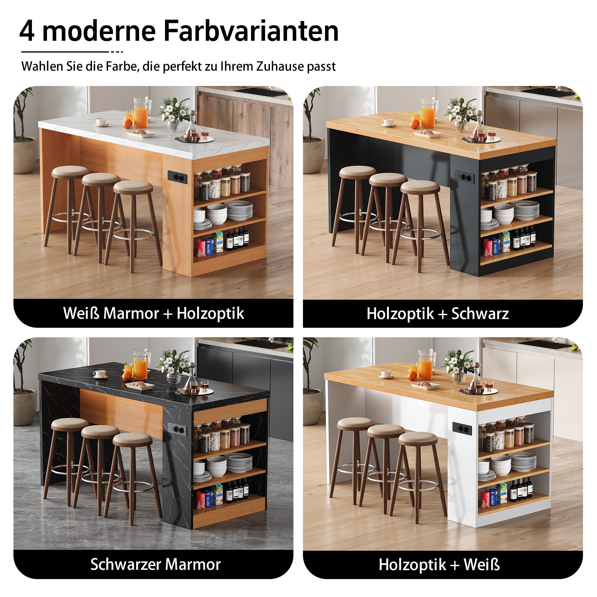 Celya Kücheninsel 155x80x90cm mit LED Beleuchtung und Steckdose, (Küchenblock mit 40mm Arbeitsplatte, 3 offenen Ablagen), mit 2 AC-Steckdosen und 2 USB-Ports