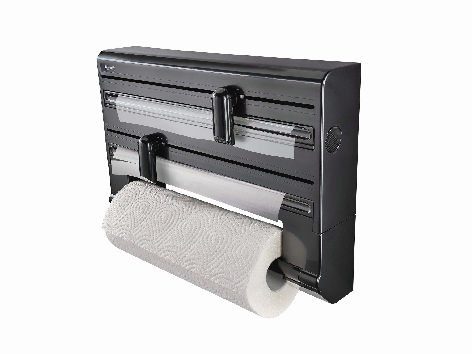 Leifheit Küchenrollenhalter Wandrollenhalter Parat Black, Für 3 Rollen, messerscharfe Klingen, modernes Design
