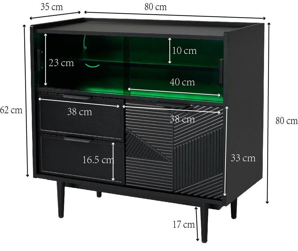 Flieks Sideboard mit 2 Schubladen und 2 Glasschiebetüren (1 St., B80/T35/H80 cm), Kommode mit LED-Beleuchtung Wohnzimmerschrank Schwarz, Metallbeine