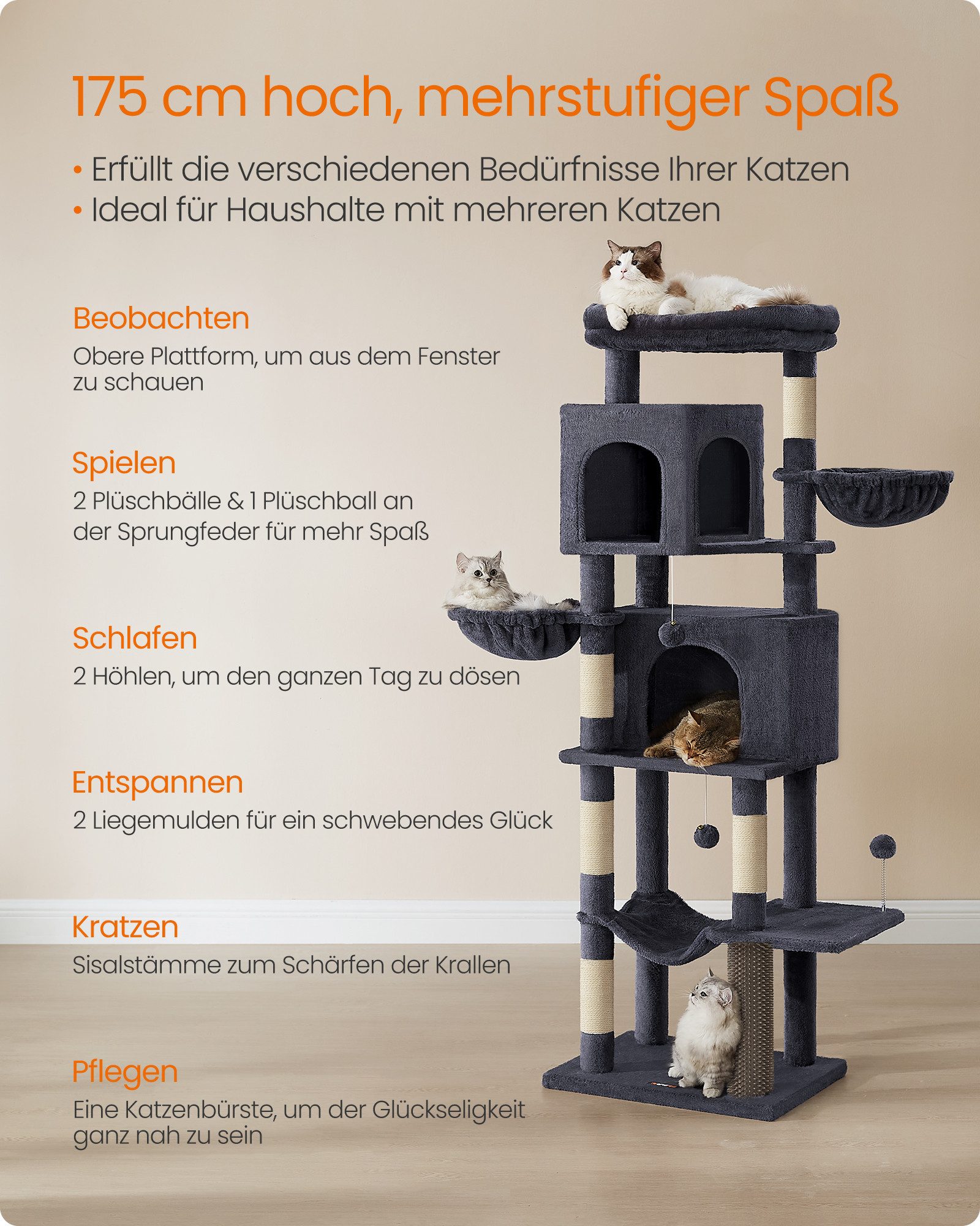 FEANDREA Kratzbaum mehrstöckiger Katzenbaum mit 2 Höhlen, 2 Liegemulden, 5 Kratzsäulen, groß, 174 cm hoch, XL, Katzenbürste, große Plattform