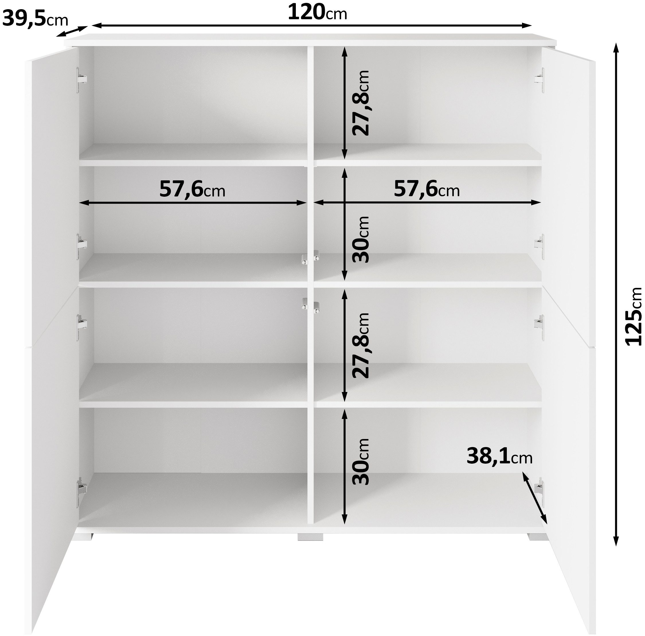 OTTO home Highboard Kenia, moderne grifflose Hochkommode mit 4 Türen, Breite 120 cm (1 St), Push-to-Open-Fronten, höhenverstellbaren Einlegeböden