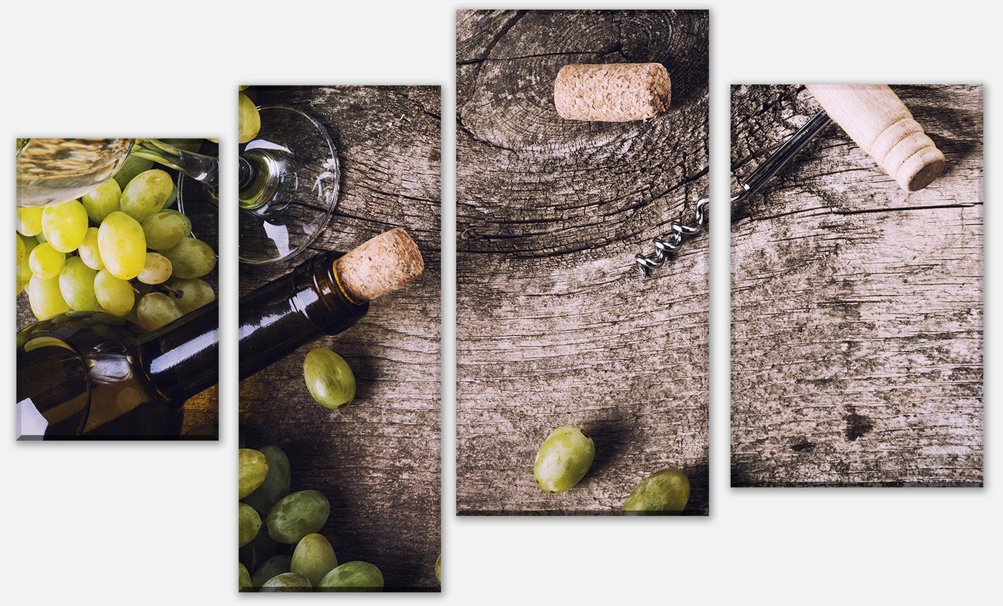 wandmotiv24 Mehrteilige Bilder Flasche Weißwein und Trauben auf einem alten Tisch, Essen & Trinken (Set, 4 St), Wandbild, Wanddeko, Leinwandbilder in versch. Größen