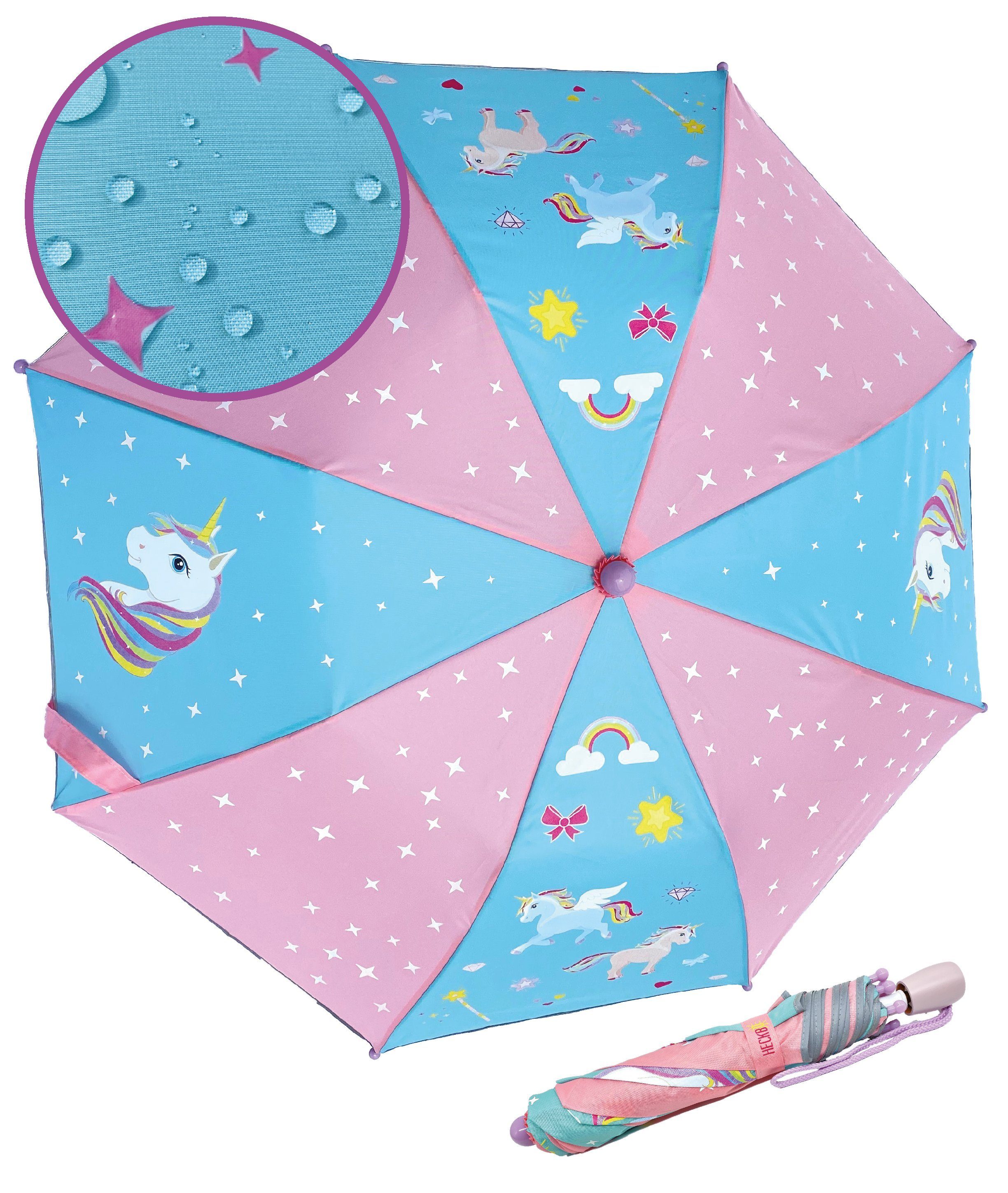 HECKBO Taschenregenschirm Magic Kinder Jungen Regenschirm – wechselt bei Regen die Farbe – Faltregenschirm: passt in jeden Schulranzen – mit Reflektorstreifen an allen Seiten – Holzgriff, Schutzkappen & Schutzhülle, mit Reflektoren an der Seite