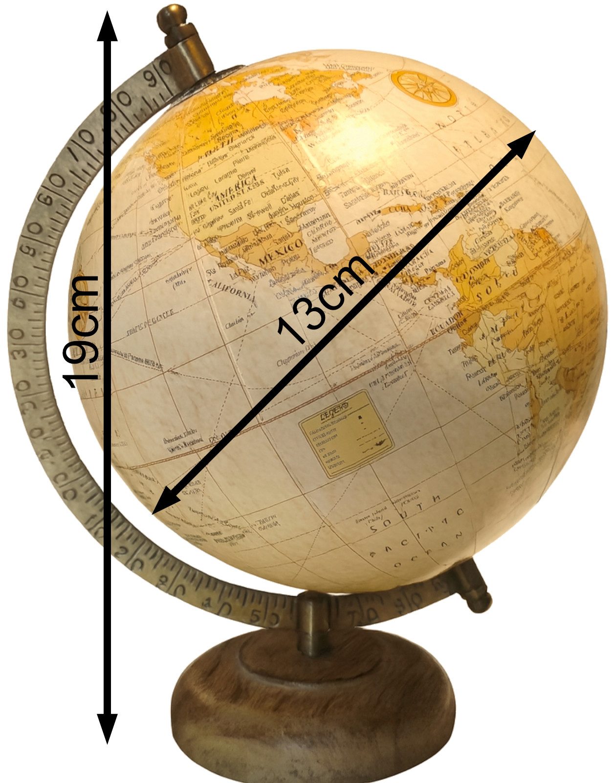 Koopman Globus Tischglobus 19 cm Hoch Weltkarte Holzfuß Metallring Ø 13 cm, (1-tlg), Dekorativ, Erdball, 1:68.000.000 Maßstab