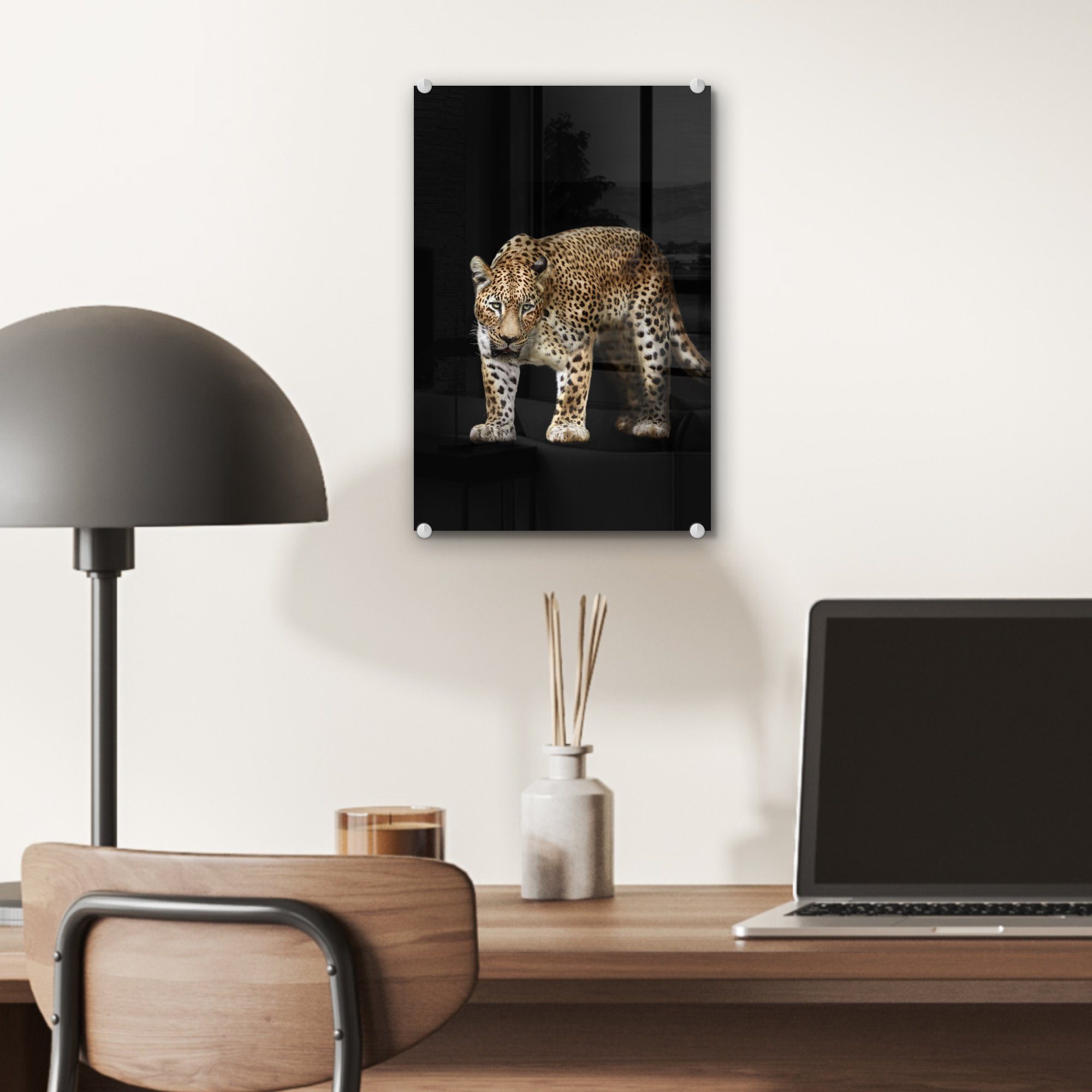 (1 Leopard Glasbilder Glas auf Wandbild - - Schwarz Acrylglasbild Glas Tiere, auf St), Foto MuchoWow Bilder - - Wanddekoration -